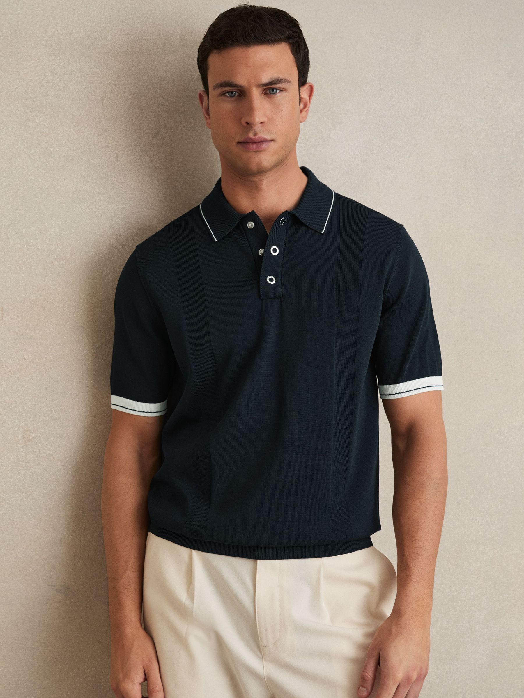 Tipped Knit Polo Shirt in White/Navy (AN7821) | $225