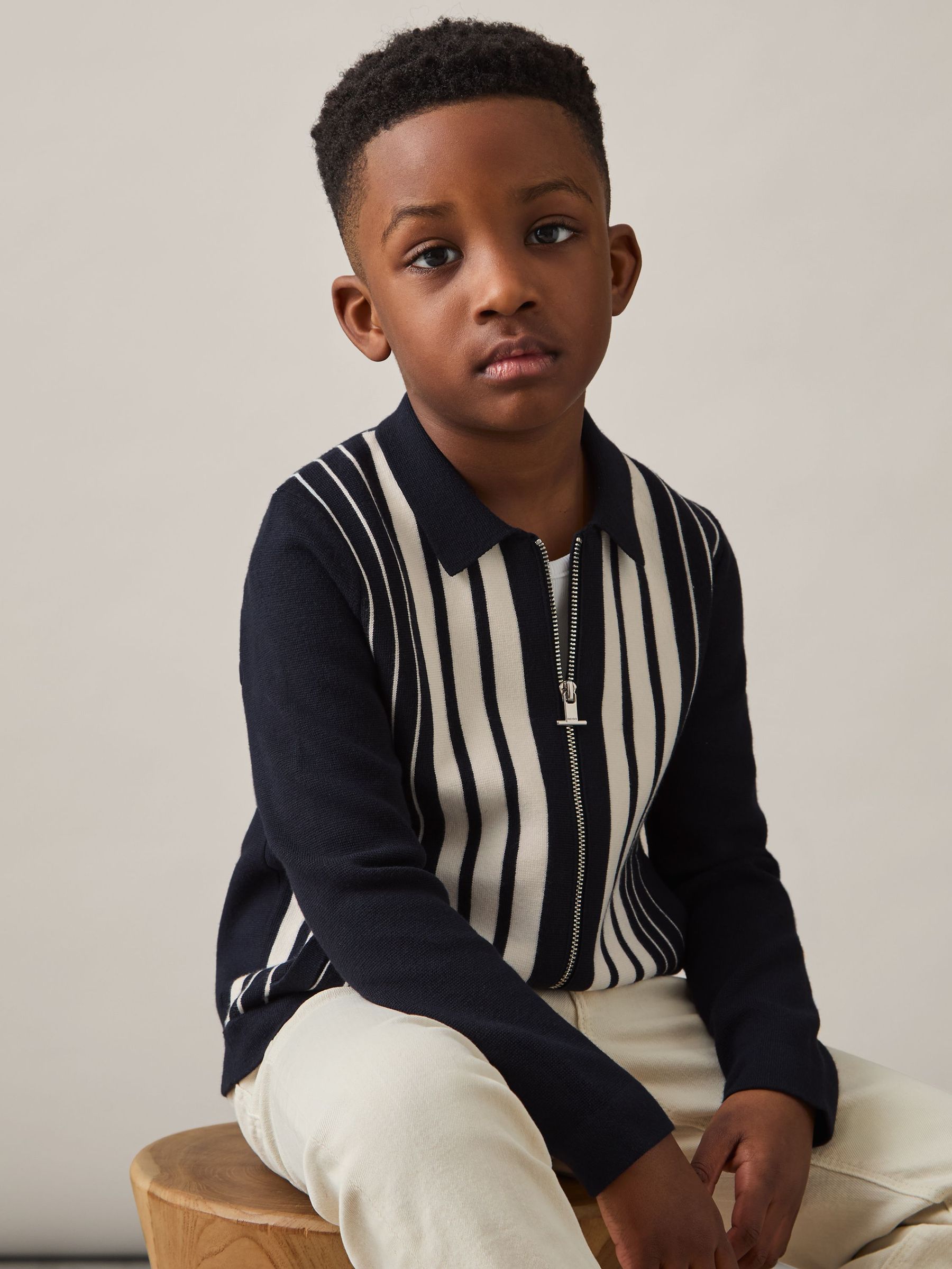 3-9 yrs Striped Zip-Through Knit Overshirt in Navy/White (AN7829) | CHF 75