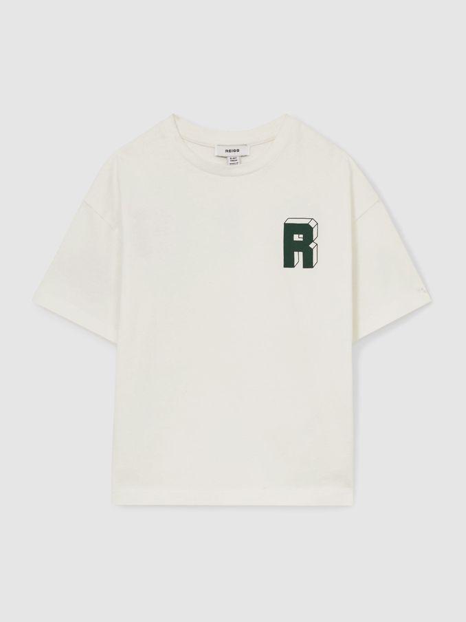 13-14 yrs Cotton Block-Logo Oversized T-Shirt in Off White/Green (AN7835) | $45