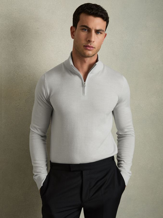 Merino Wool Half-Zip Funnel Neck Jumper in Iced Blue (AN8864) | CHF 140