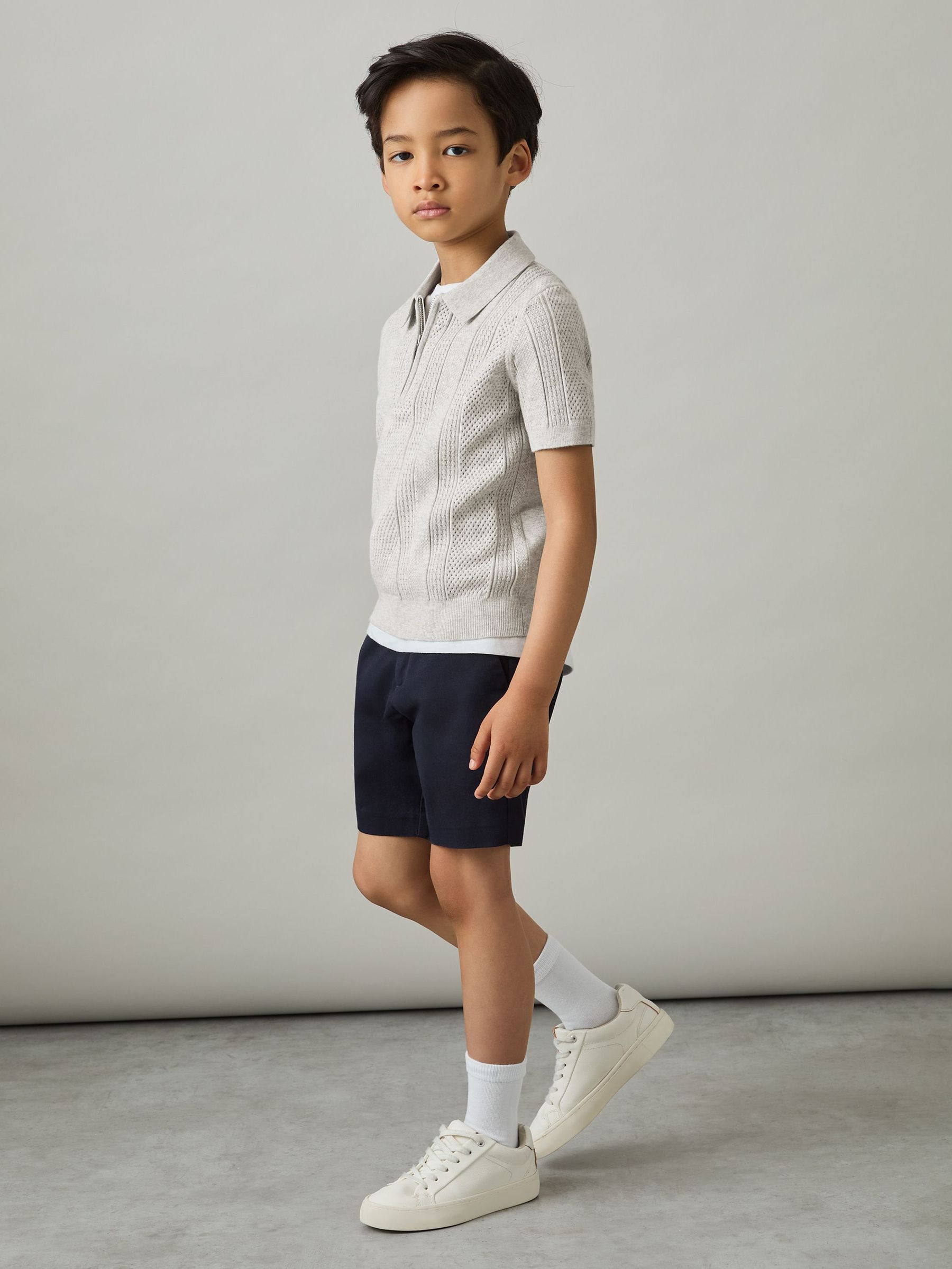 3-9 yrs Textured-Knit Half-Zip Polo Shirt in Grey Melange (AP0249) | €55