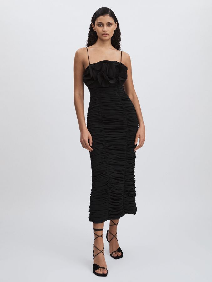 Acler Gathered Midi Black Dress with Rosettes in Black (AP0251) | US$980