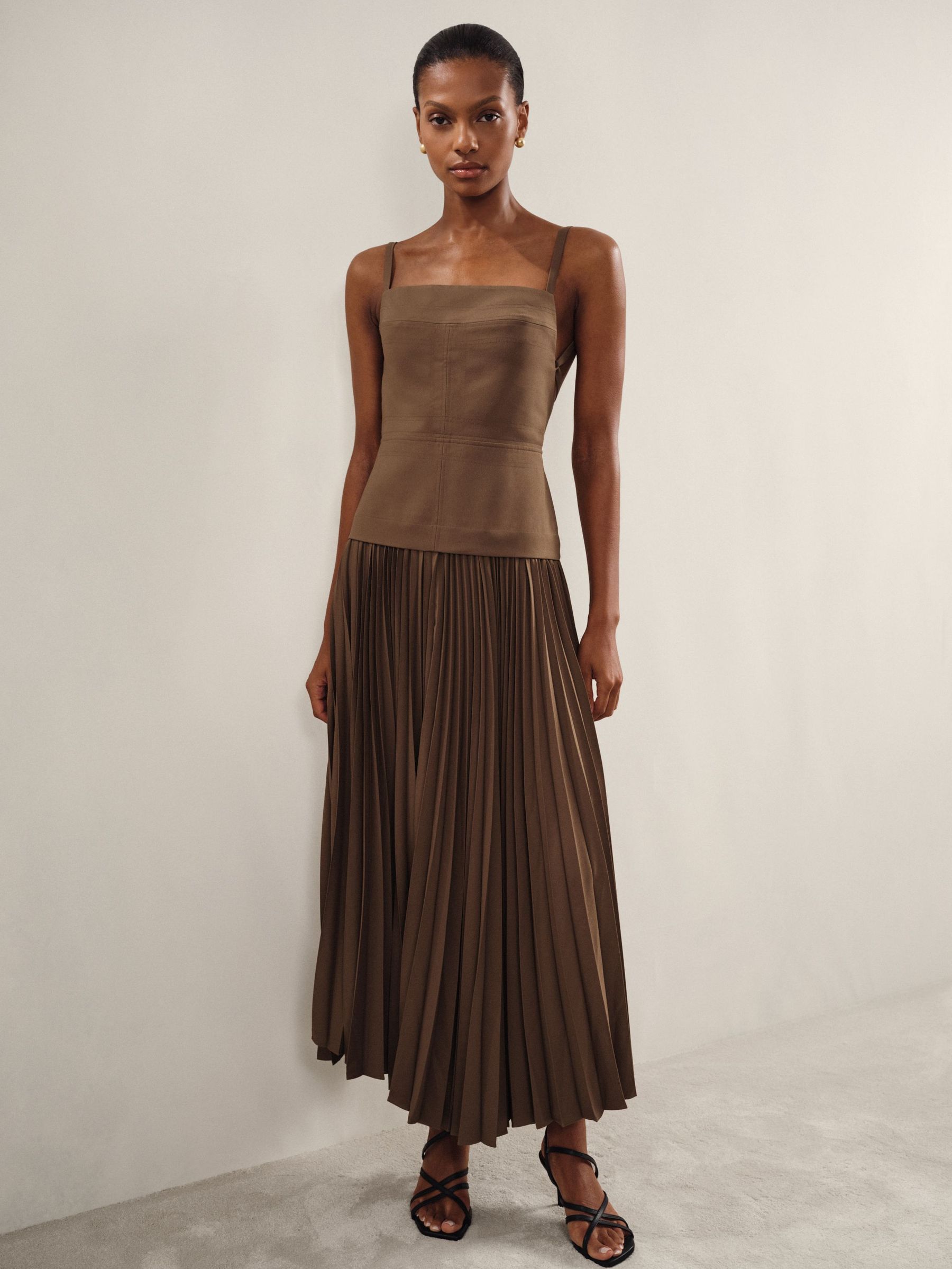 Acler Linen Blend Pleated Midi Brown Dress in Brown (AP0253) | HK$7,960