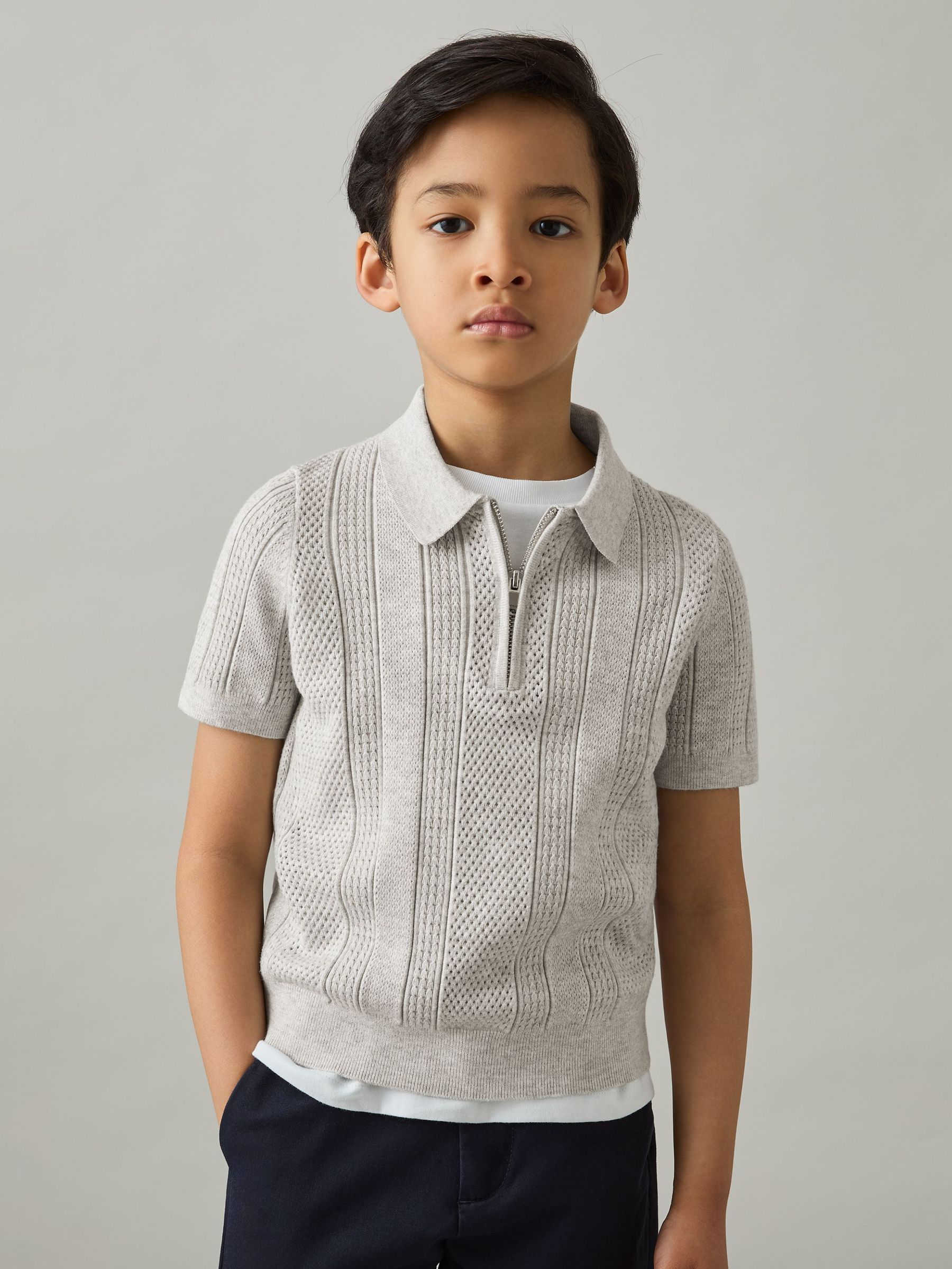9-13 yrs Textured-Knit Half-Zip Polo Shirt in Grey Melange (AP0267) | €60