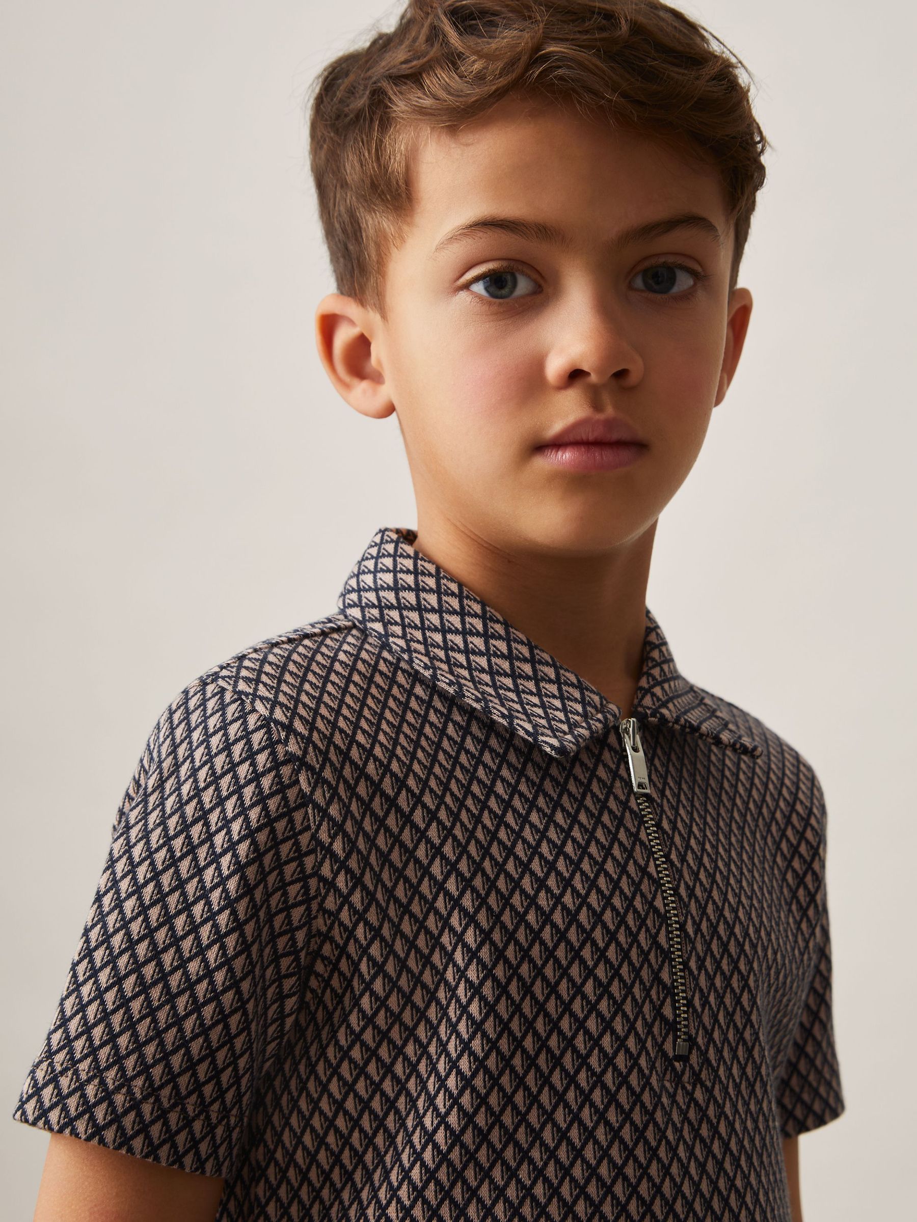 3-9 yrs Geometric Jacquard Polo Shirt in Tobacco Brown/Navy (AP0273) | €45