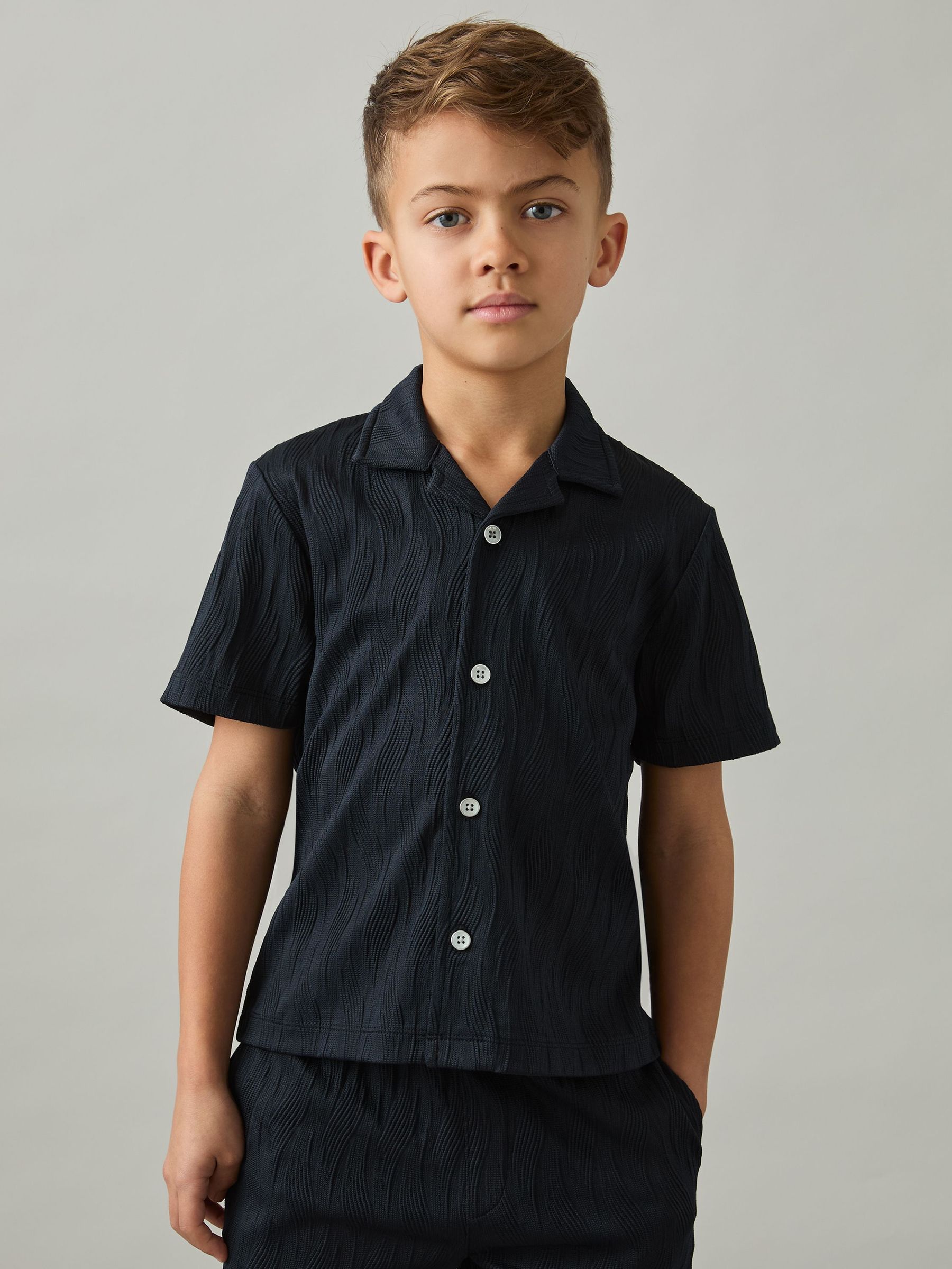 3-9 yrs Wave Jacquard Cuban Collar Shirt in Navy (AP0283) | €50
