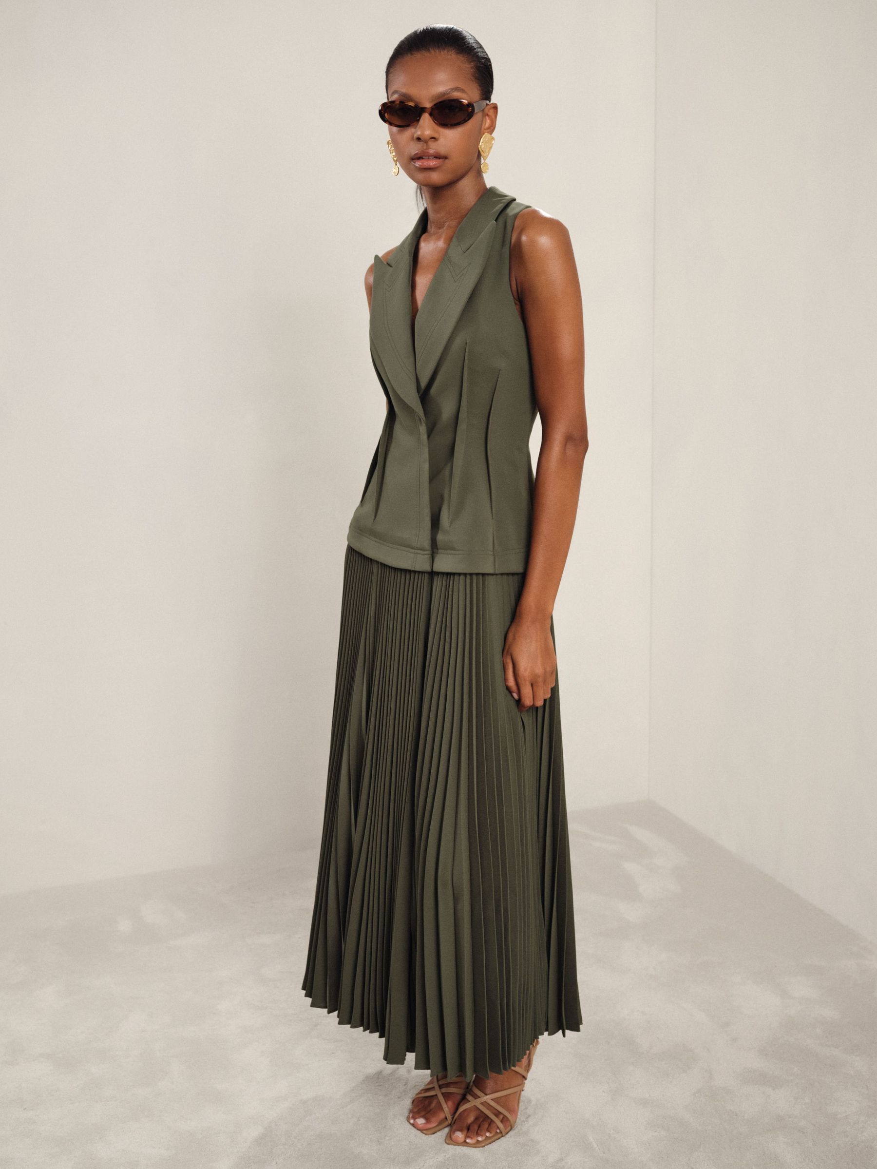 Acler Dark Olive Green Waistcoat Bodice Pleated Dress in Dark Olive Green (AP0289) | US$980