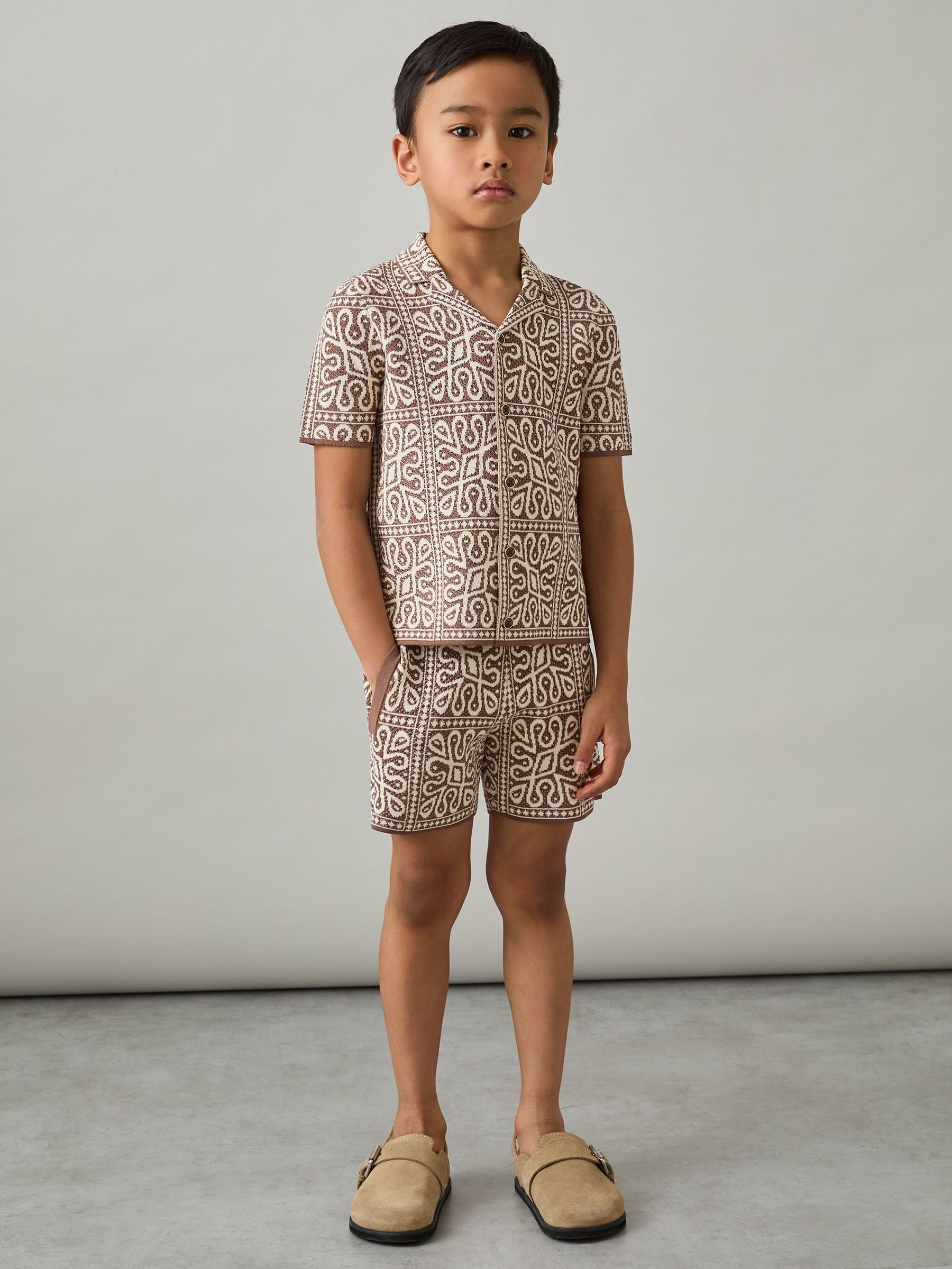 3-9 yrs Tile Pattern Knit Shorts in Brown/Off White (AP0292) | €50