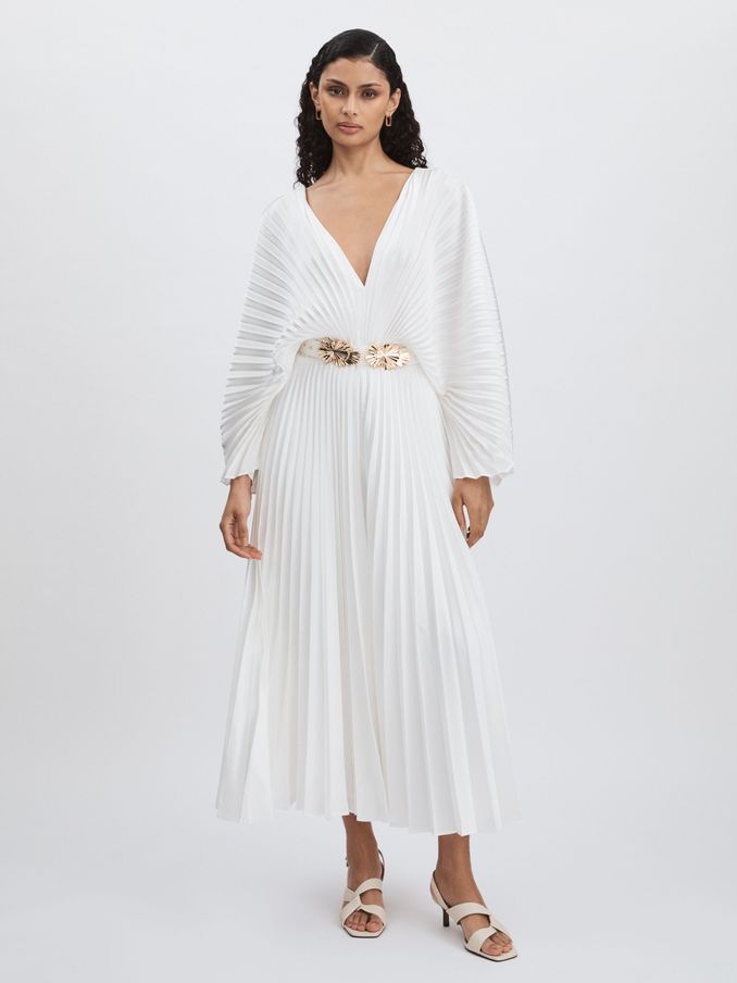 Wonastow Pleated Maxi Dress with Belt in Cream (AP0294) | US$1,160
