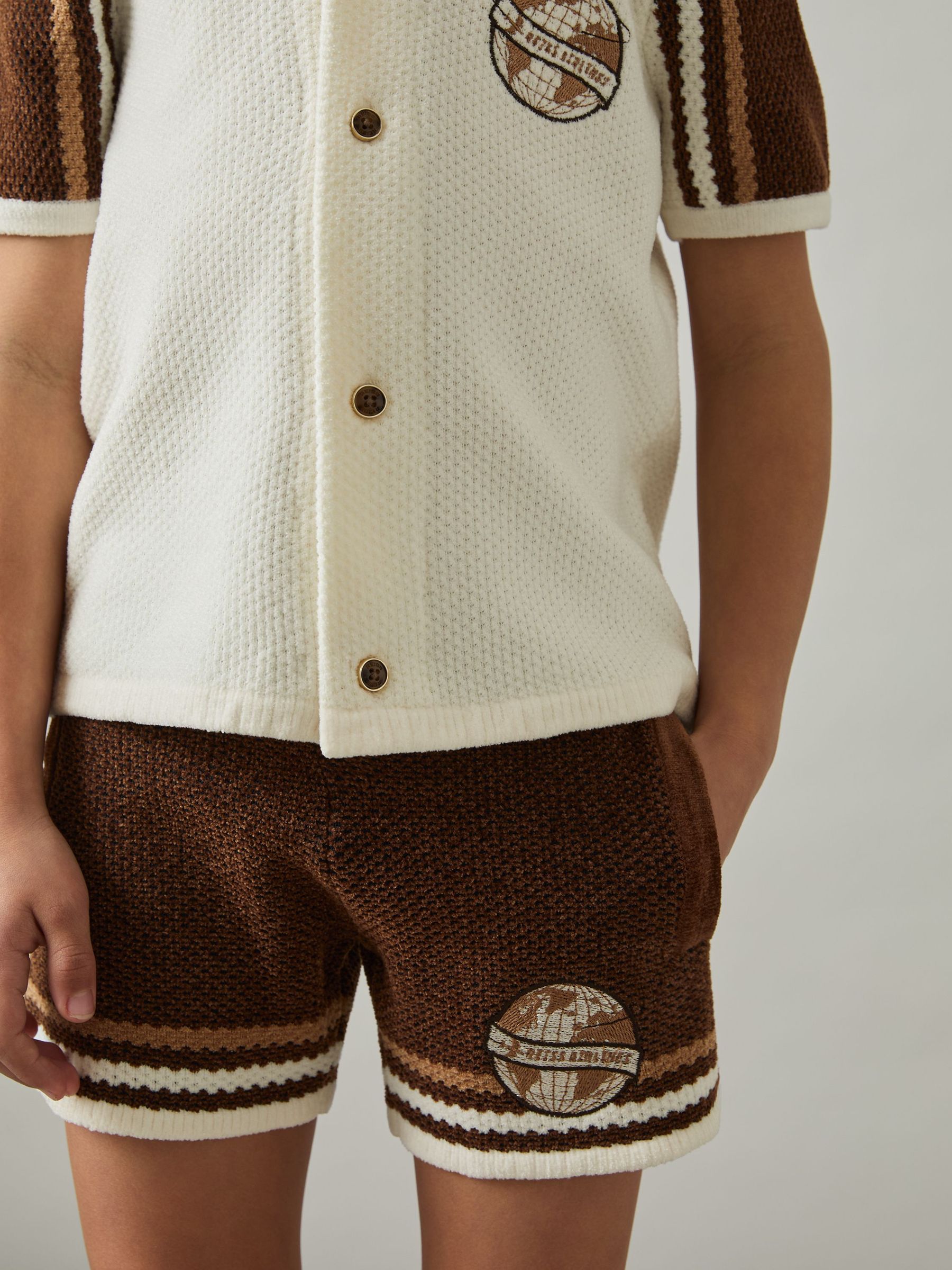 Chenille Airlines Embroidery Shorts in Brown/Taupe Brown/White (AP0304) | US$70