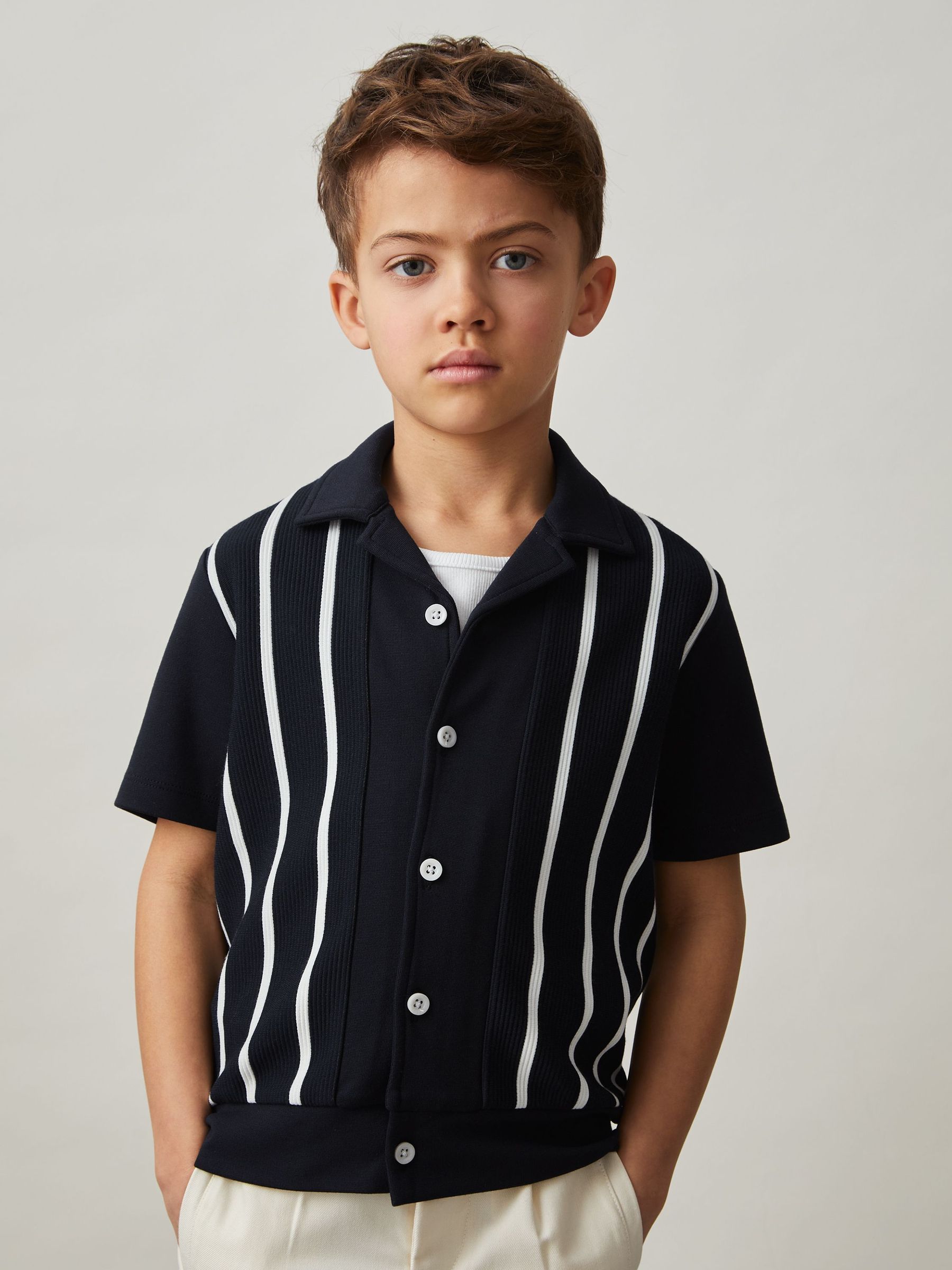 9-13 yrs Stripe Cuban Collar Shirt in Navy/White (AP0305) | $60