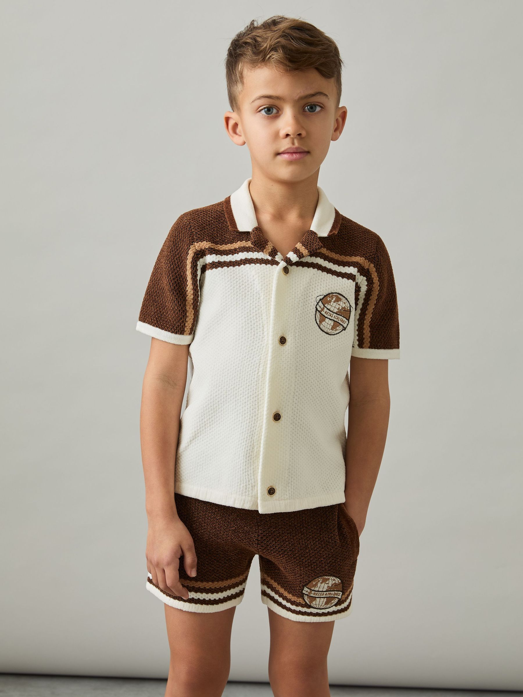 Chenille Airlines Embroidery Shirt in Brown/Taupe Brown/White (AP0306) | US$80