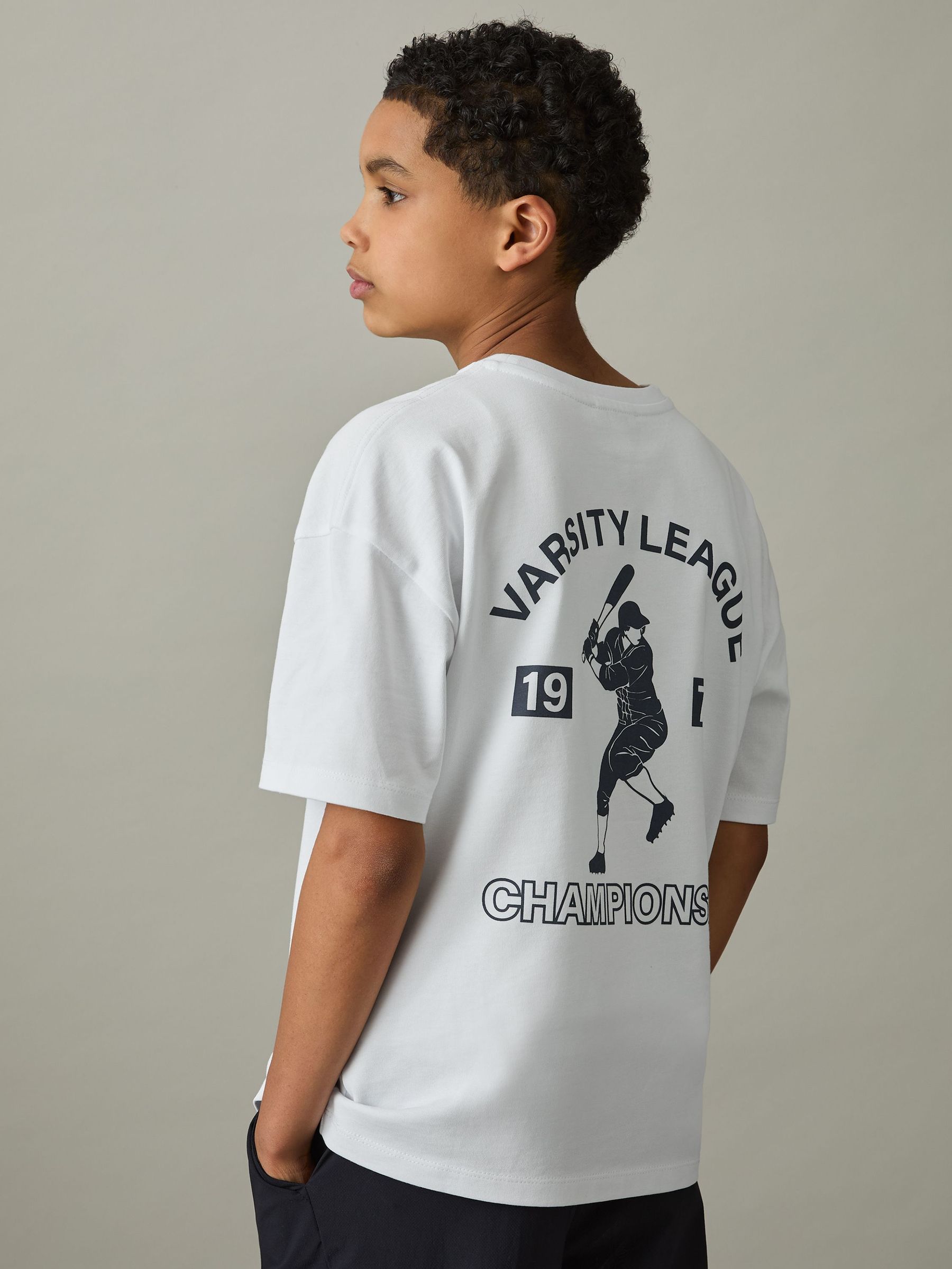 9-13 yrs Cotton Varsity-League T-Shirt in Off White (AP0314) | €30