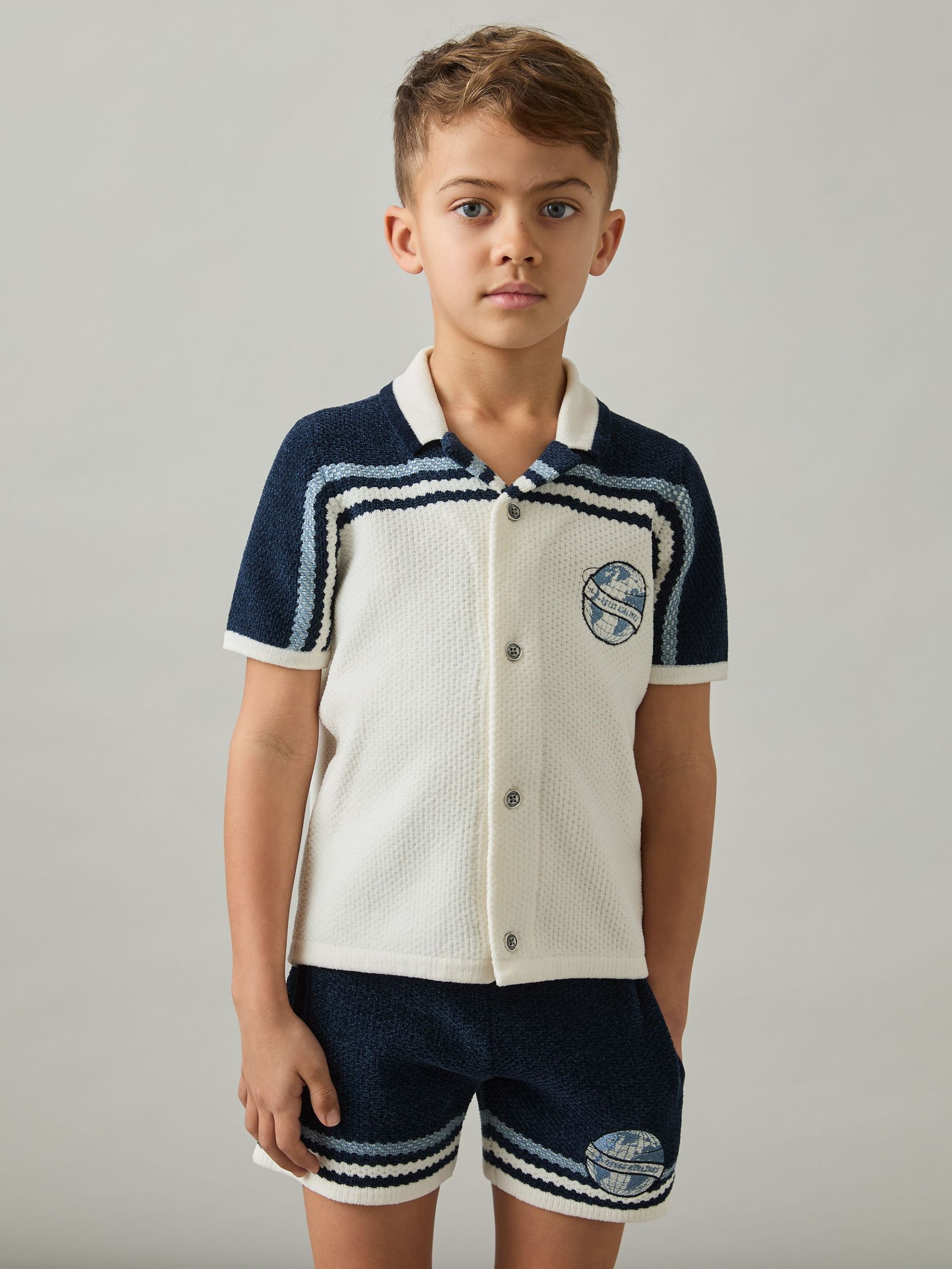 Chenille Airlines Embroidery Shirt in Navy/Airforce Blue/White (AP0320) | $80