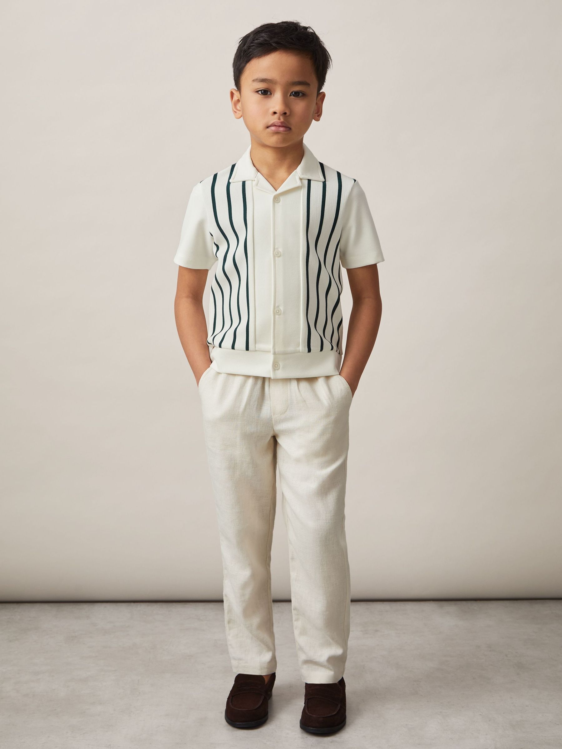 3-9 yrs Stripe Cuban Collar Shirt in Off White/Green (AP0325) | CA$65