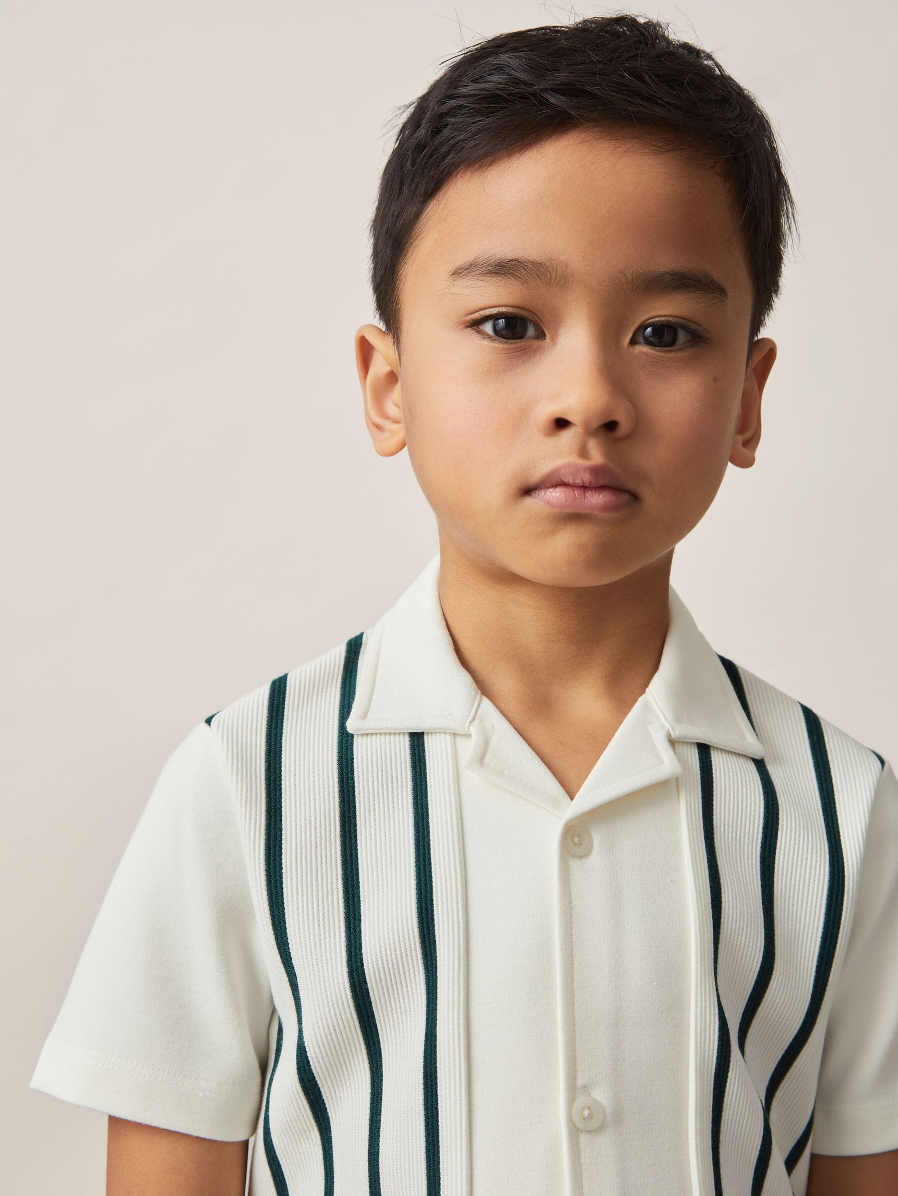 9-13 yrs Stripe Cuban Collar Shirt in Off White/Green (AP0362) | US$60