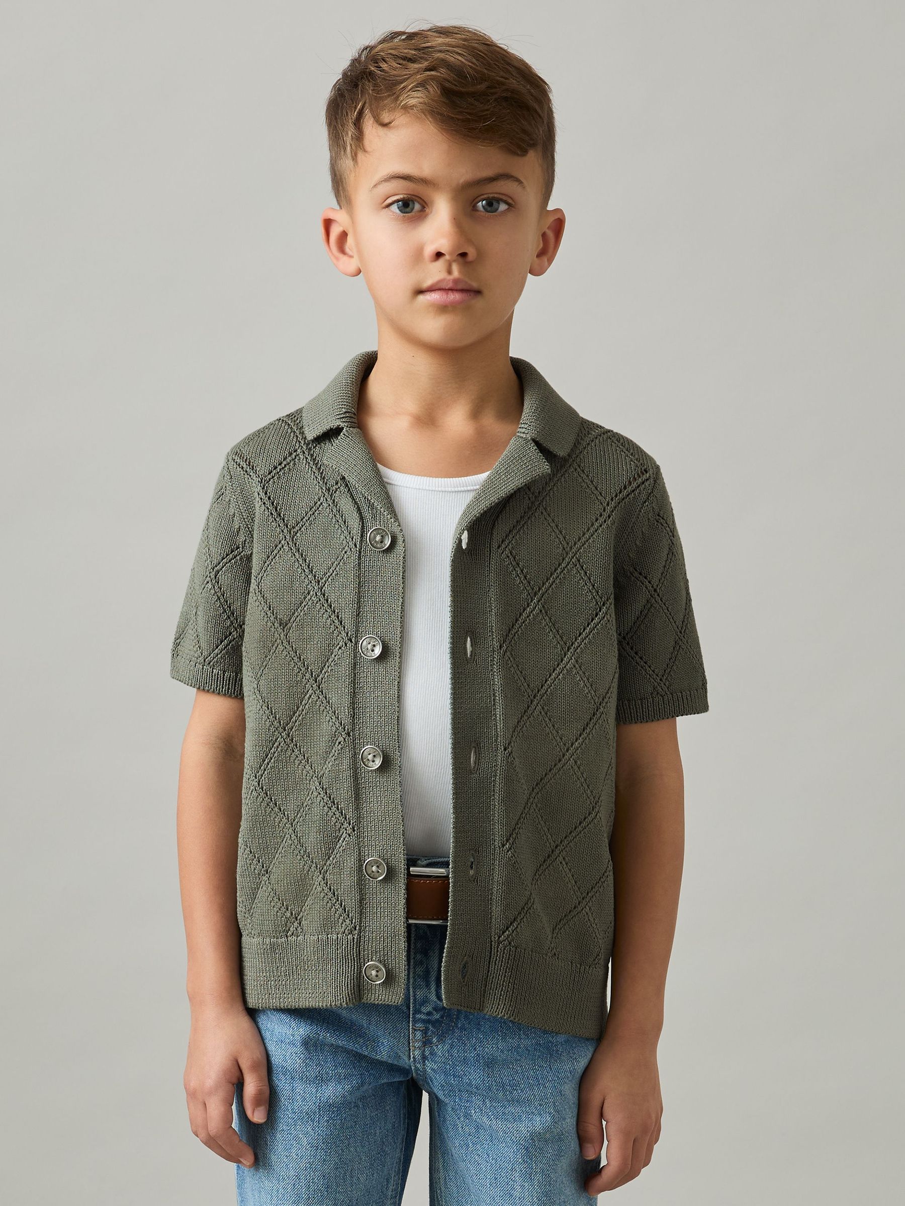 Cotton-Blend Diamond Knit Shirt in Dark Sage (AP0367) | US$70