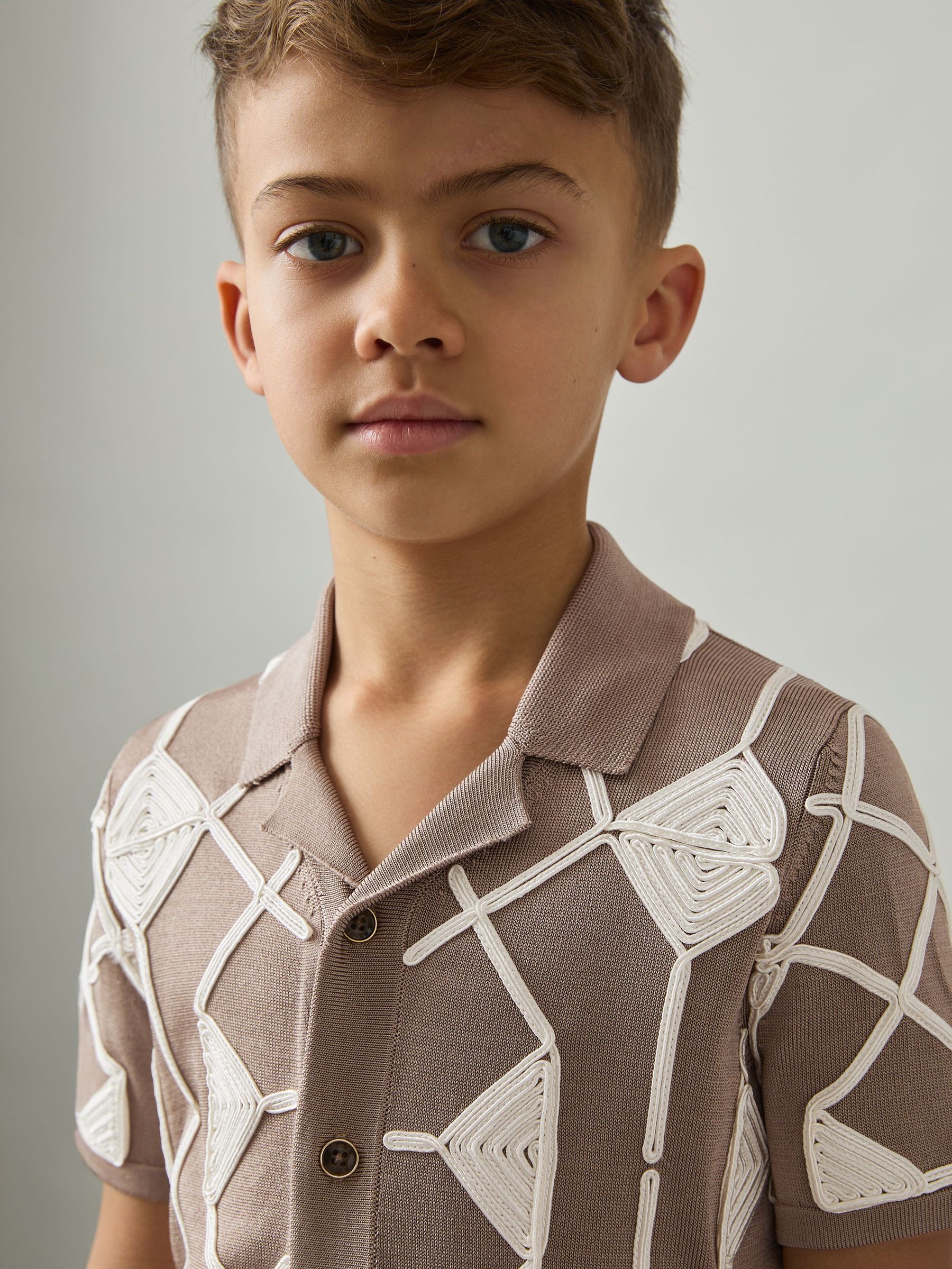 Geometric Embroidery Knit Shirt in Mink Brown/ Off White (AP0369) | US$90