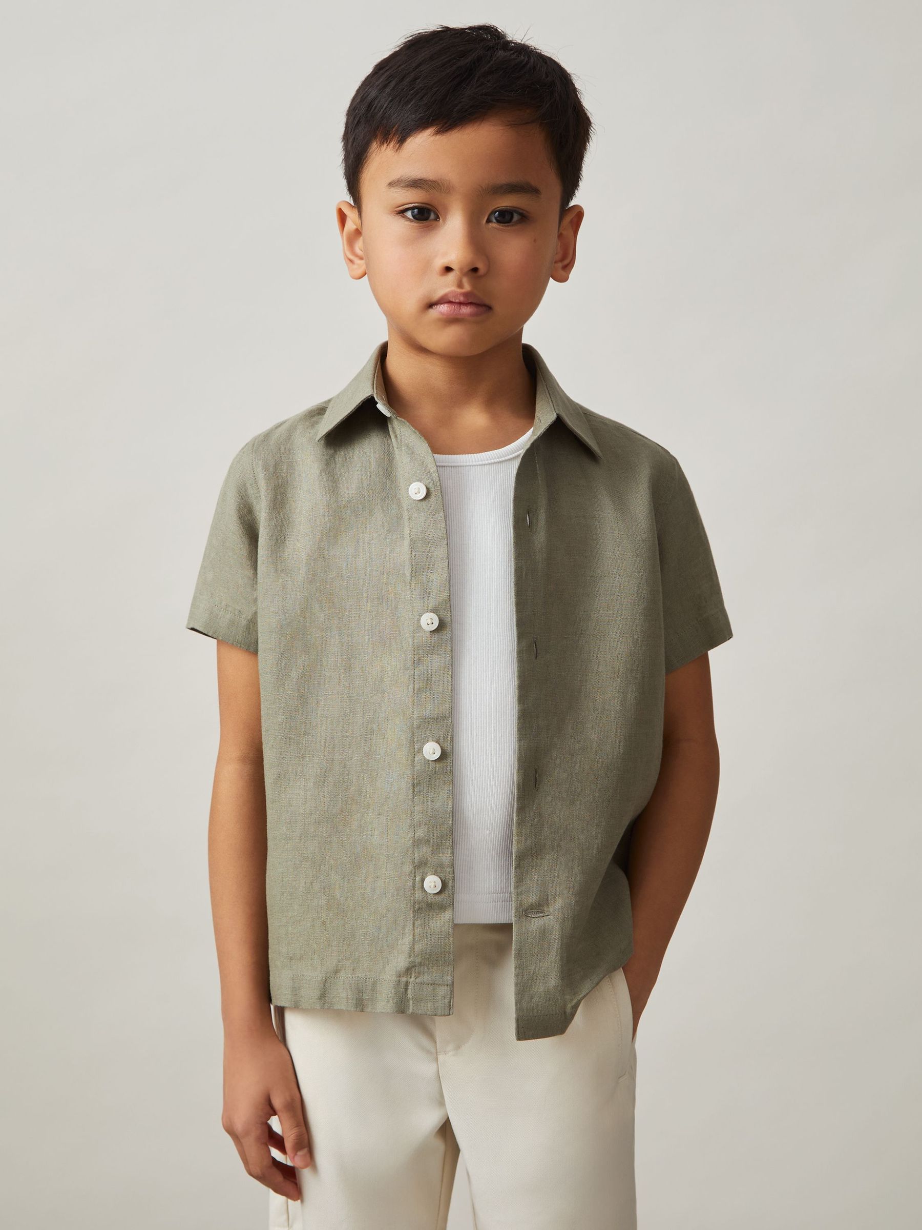 3-9 yrs Short Sleeve Linen Shirt in Thyme Green (AP0372) | €50