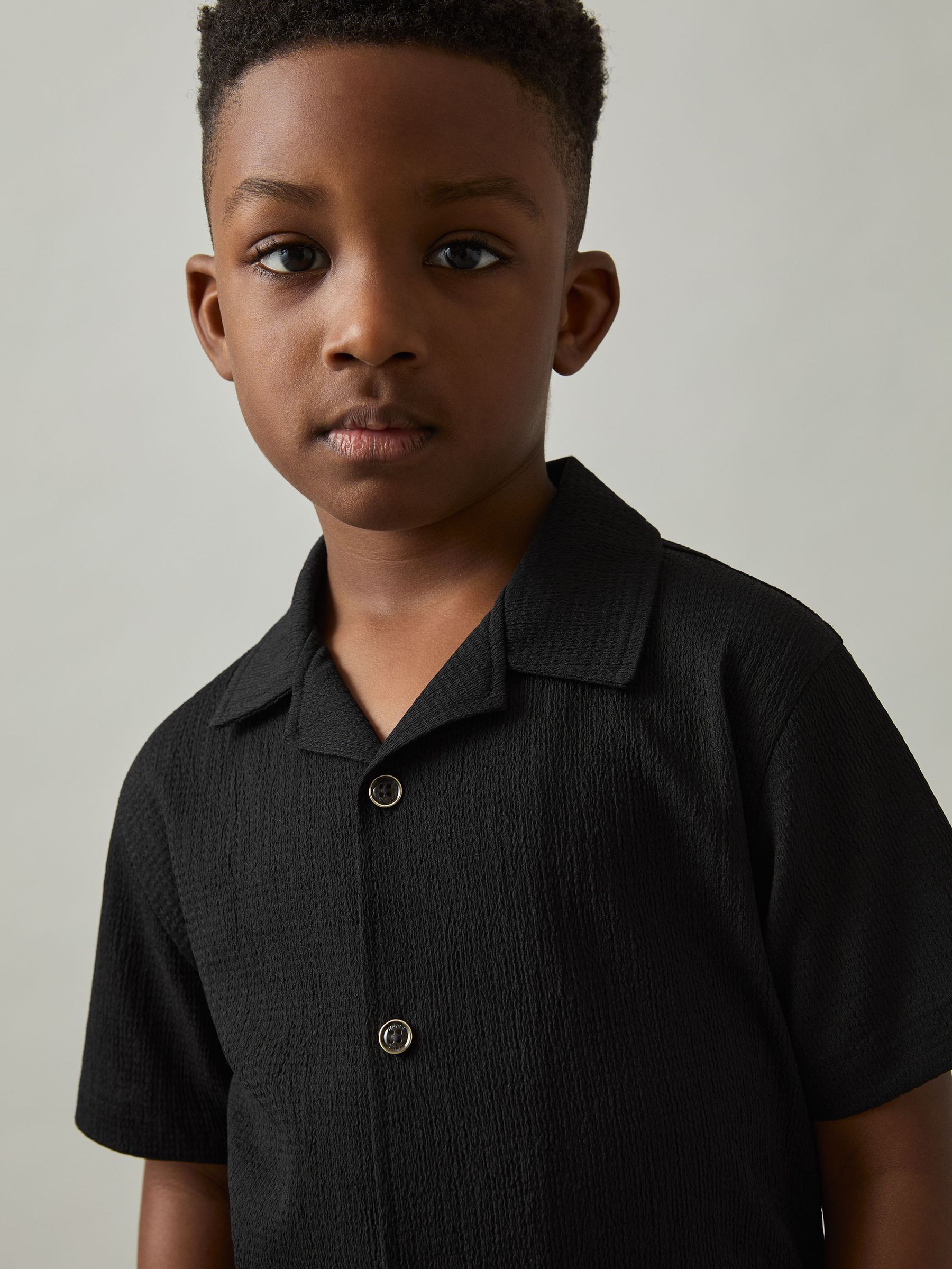 9-13 yrs Textured Cuban Collar Shirt in Black (AP0379) | US$45