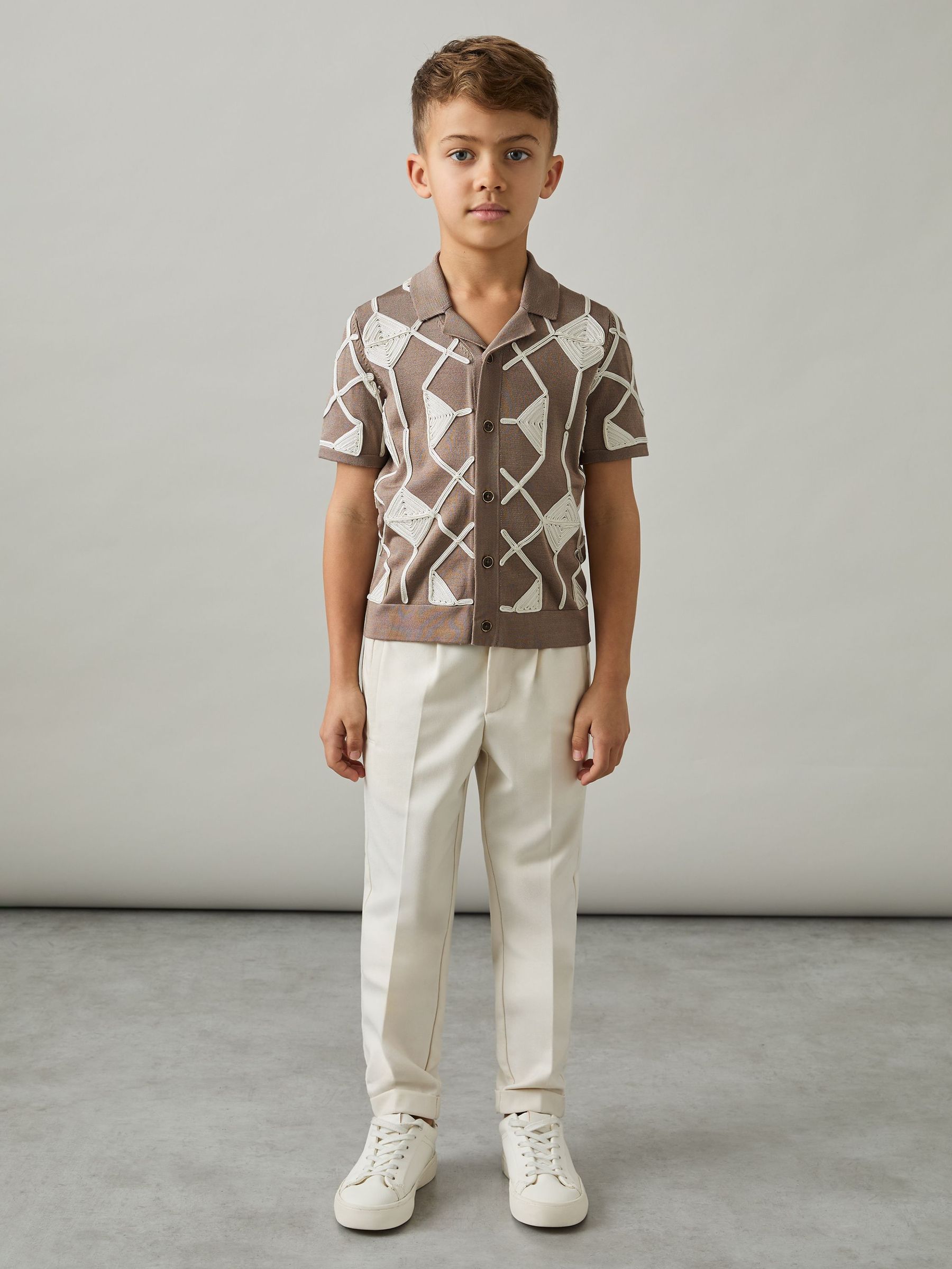 Geometric Embroidery Knit Shirt in Mink Brown/ Off White (AP0380) | US$80