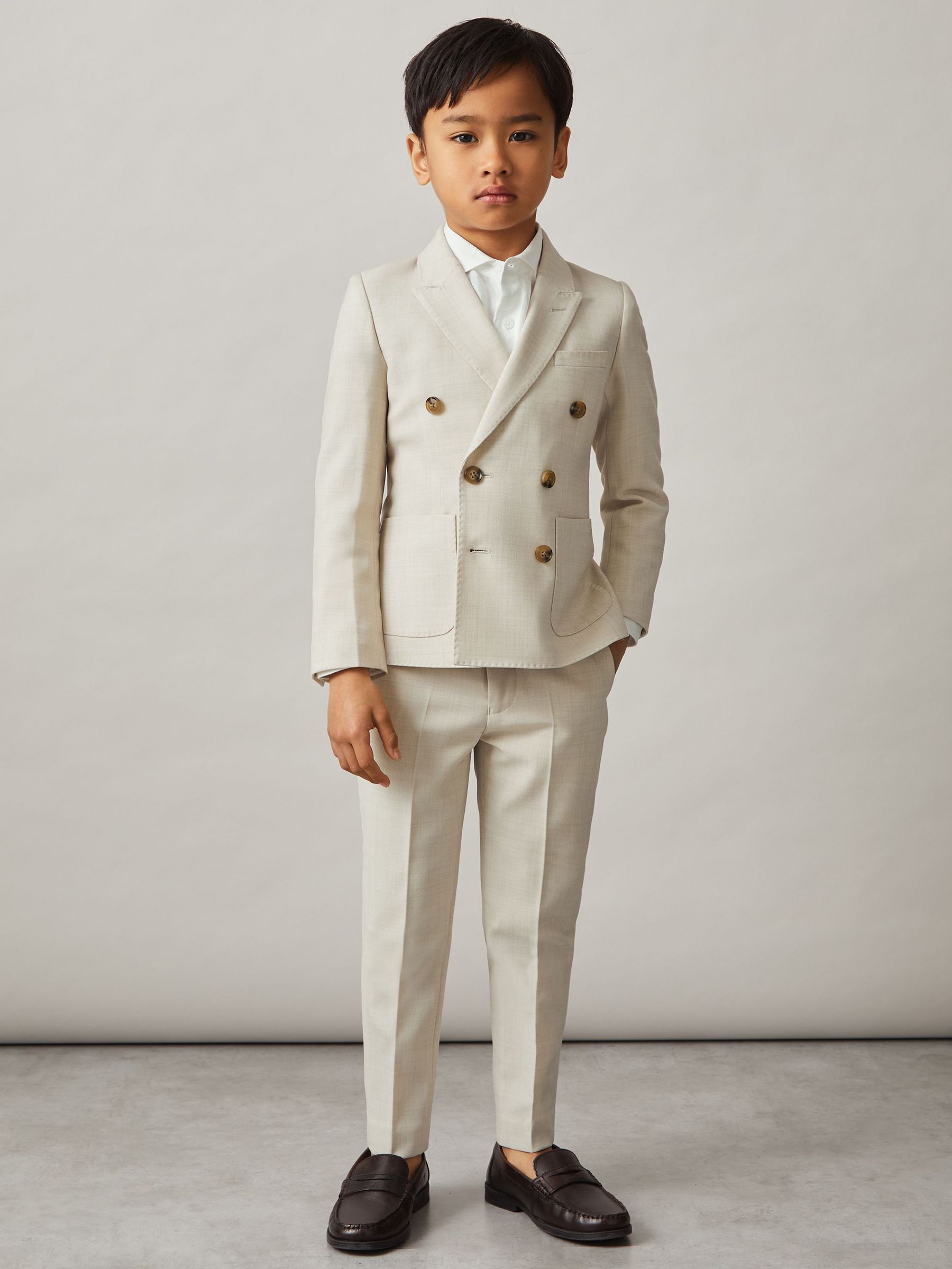9-13 yrs Double-Breasted Textured Blazer With Wool in Stone (AP0381) | US$175