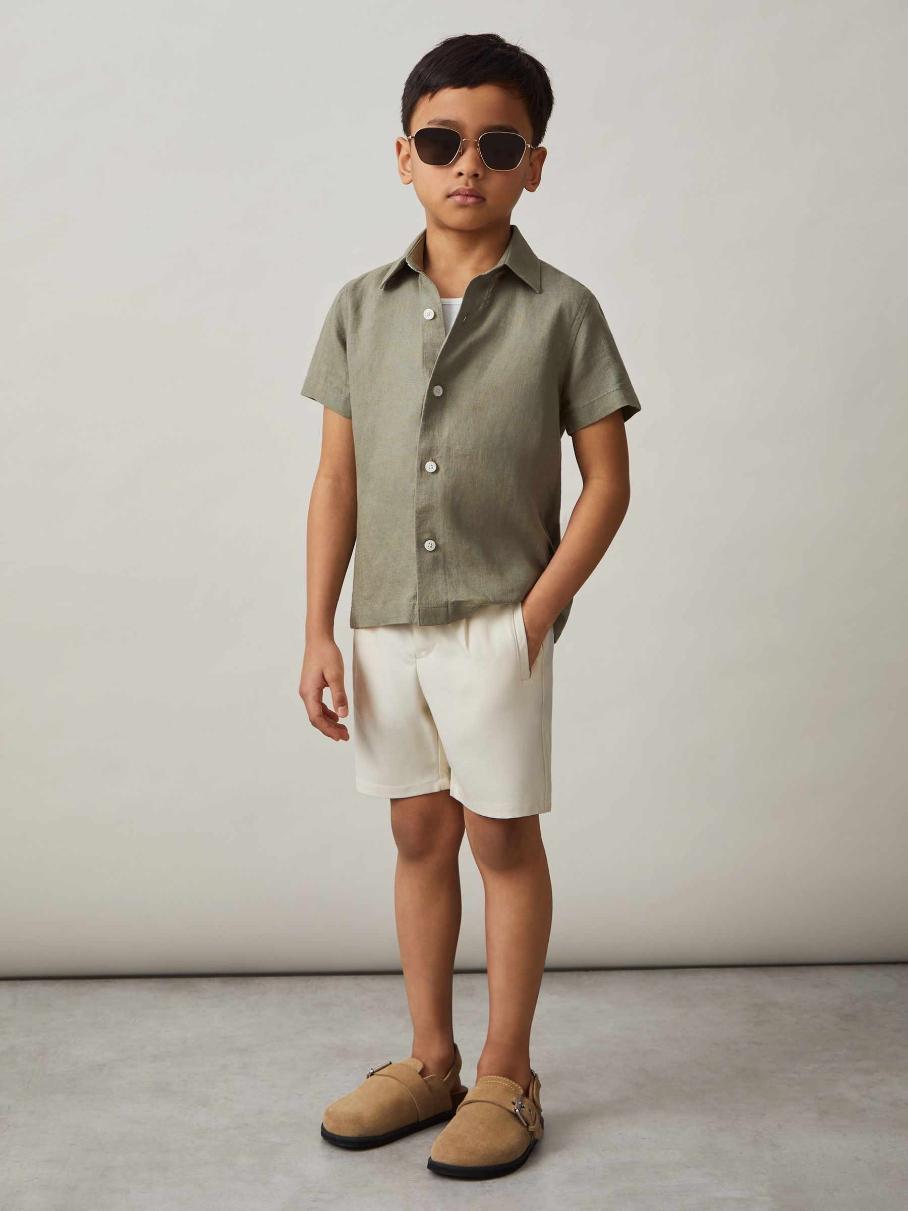 9-13 yrs Short Sleeve Linen Shirt in Thyme Green (AP0382) | €55