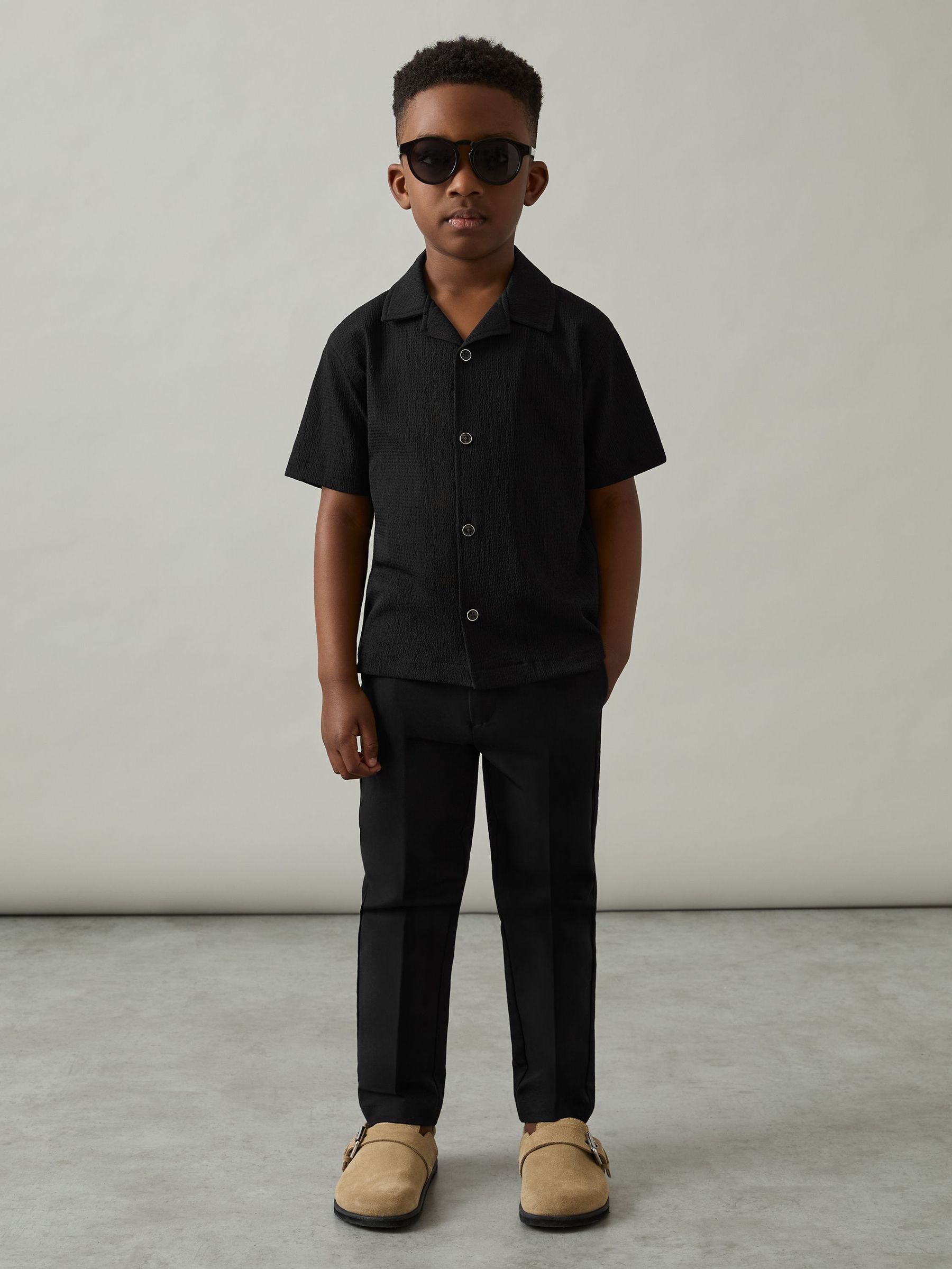 3-9 yrs Textured Cuban Collar Shirt in Black (AP0385) | $35
