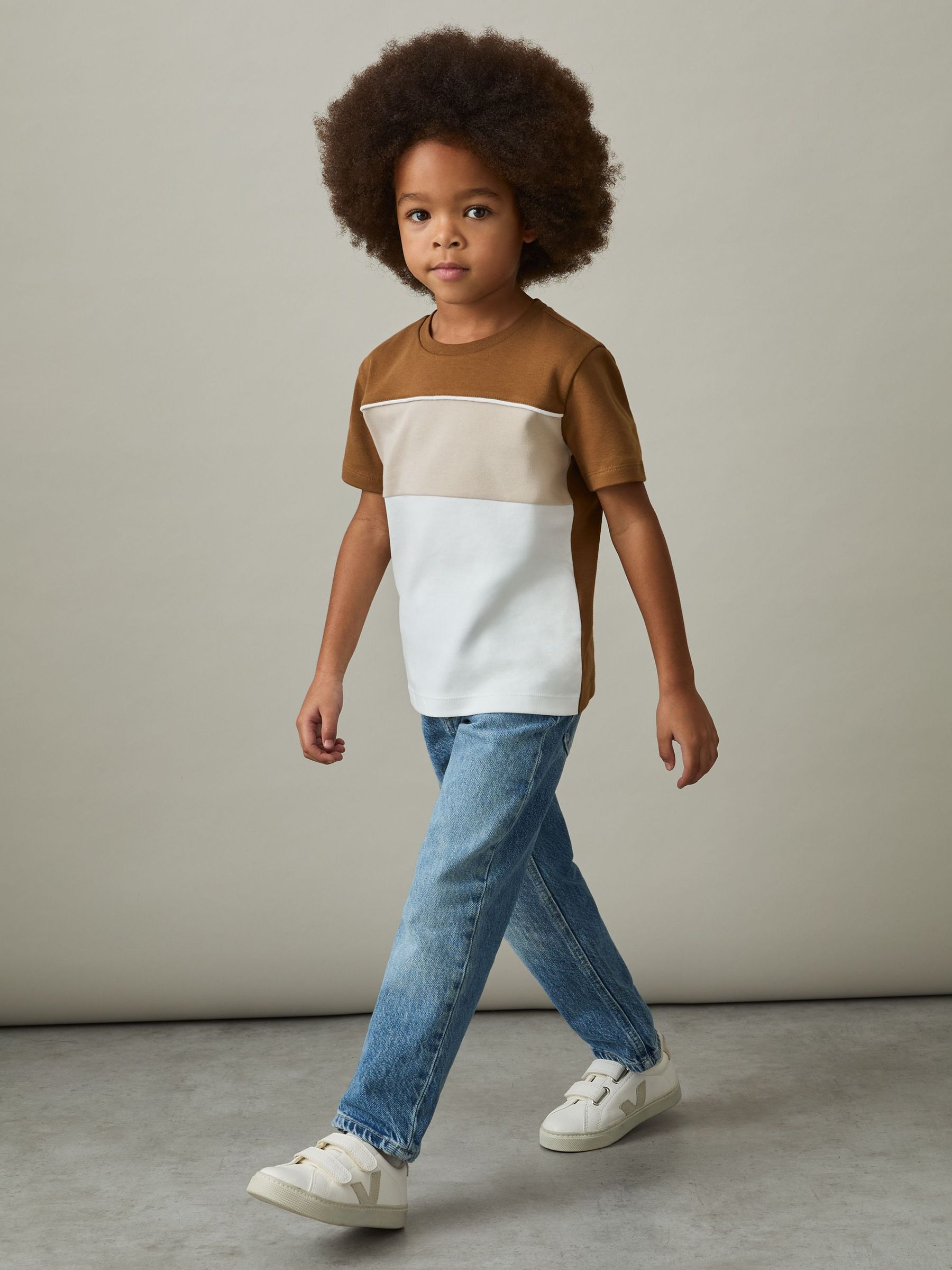 3-9 yrs Cotton Colour-Block Piped T-Shirt in Tobacco Brown Multi (AP0391) | CHF 25
