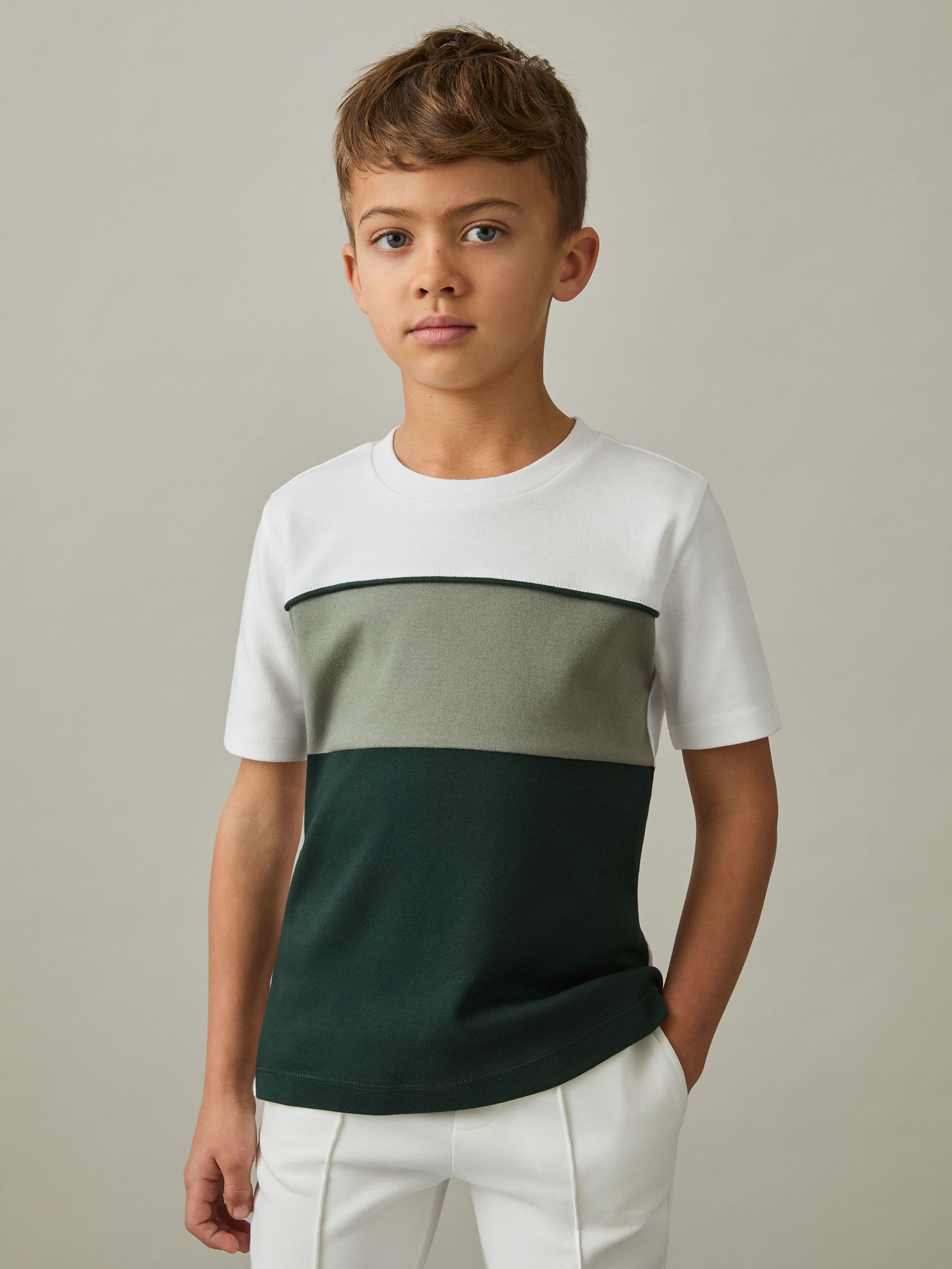 3-9 yrs Cotton Colour-Block Piped T-Shirt in Sage Multi (AP0402) | US$25