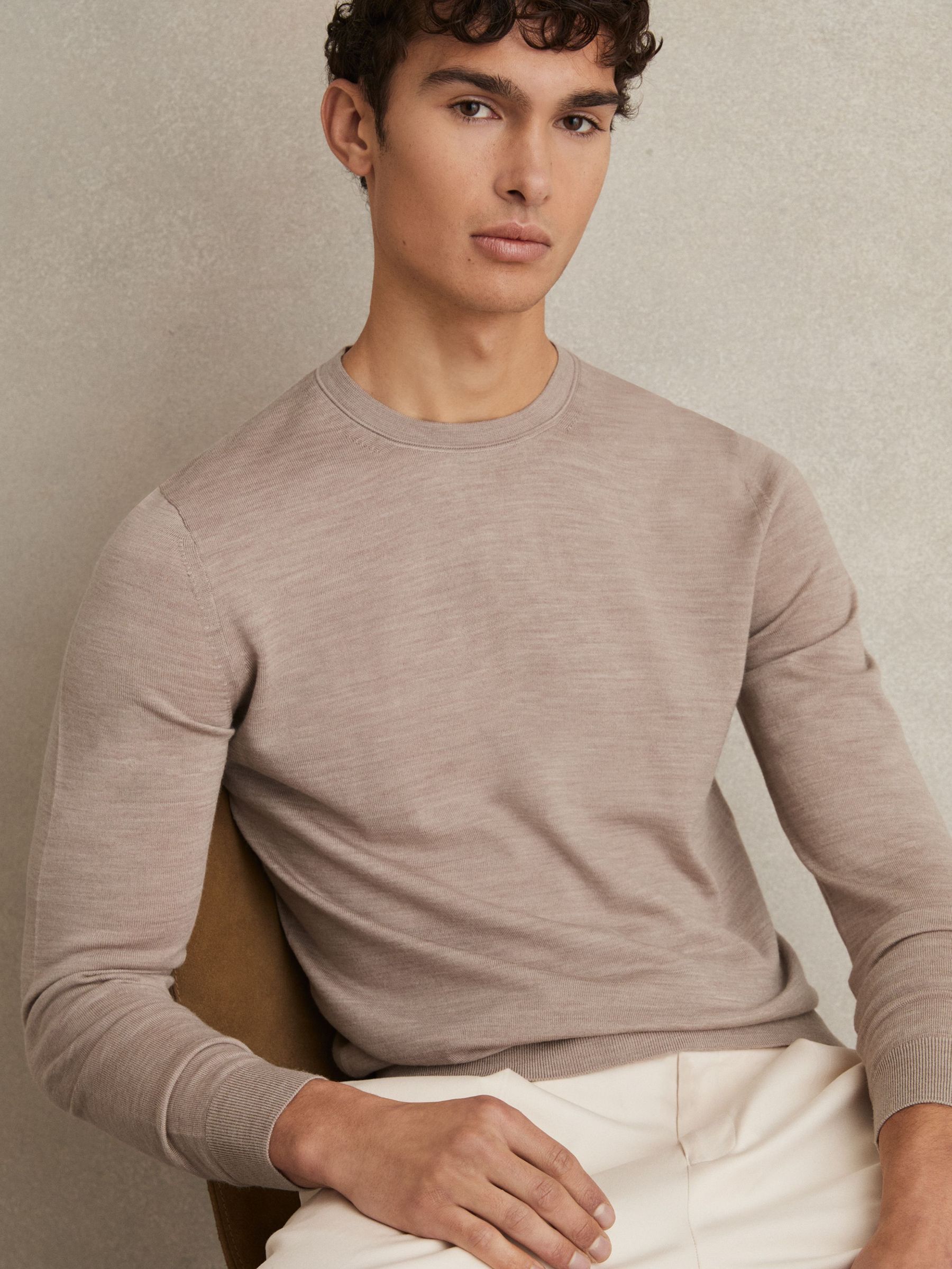 Merino Wool Crew Neck Jumper in Wheat Melange (AP1232) | US$145