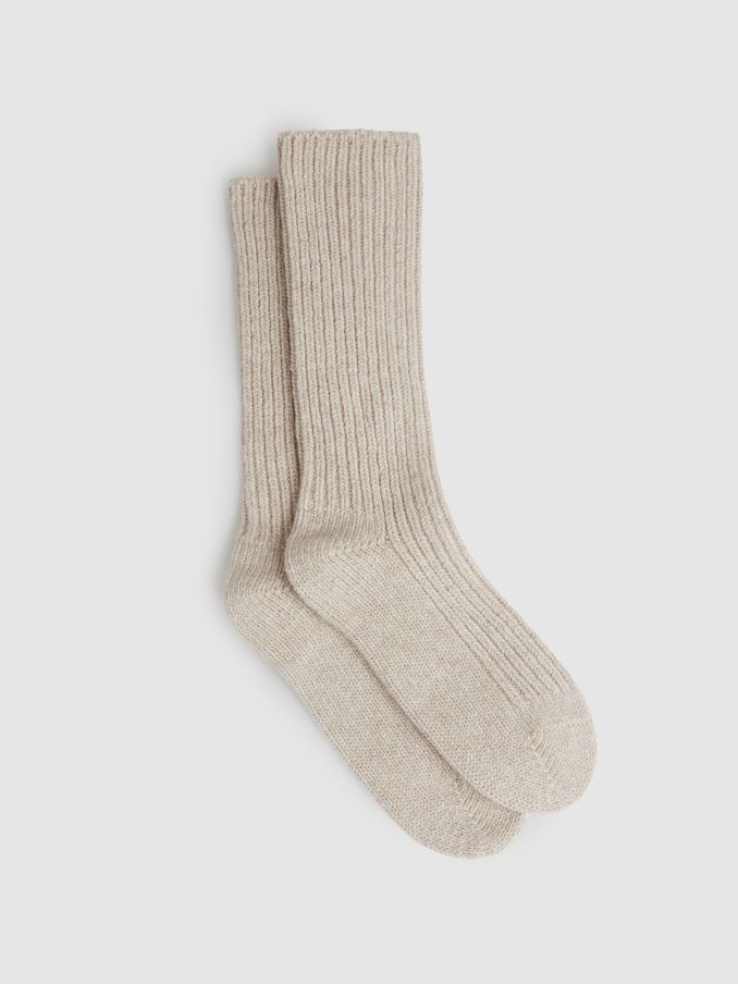 Rib-Knit Socks With Cashmere in Oatmeal (AP4478) | US$30