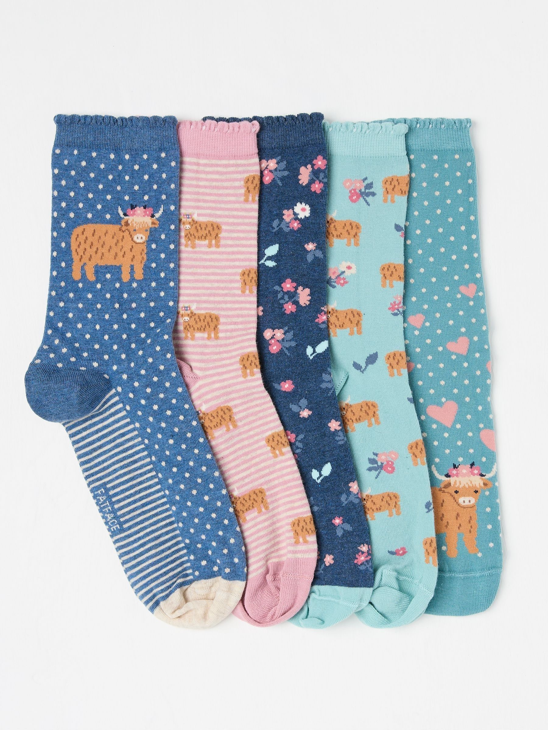 Multi 5 Pairs of Highland Cow Socks (AP4590) | $30