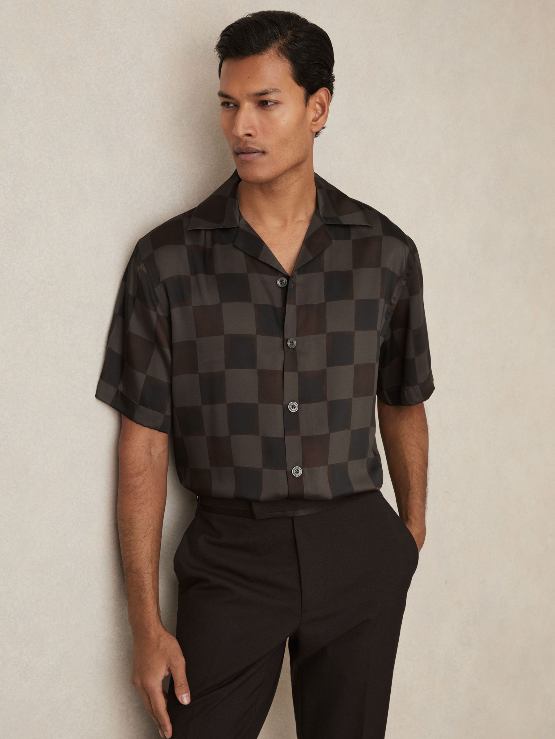 Chequered-Print Cuban-Collar Shirt in Brown (AP4612) | US$160