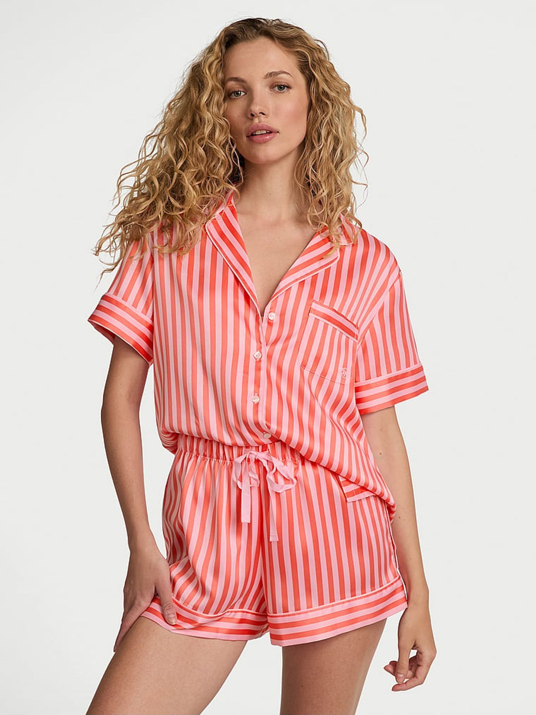Wild Orange & Pink Stripes Satin Short Pyjama Set (AP6177) | €75