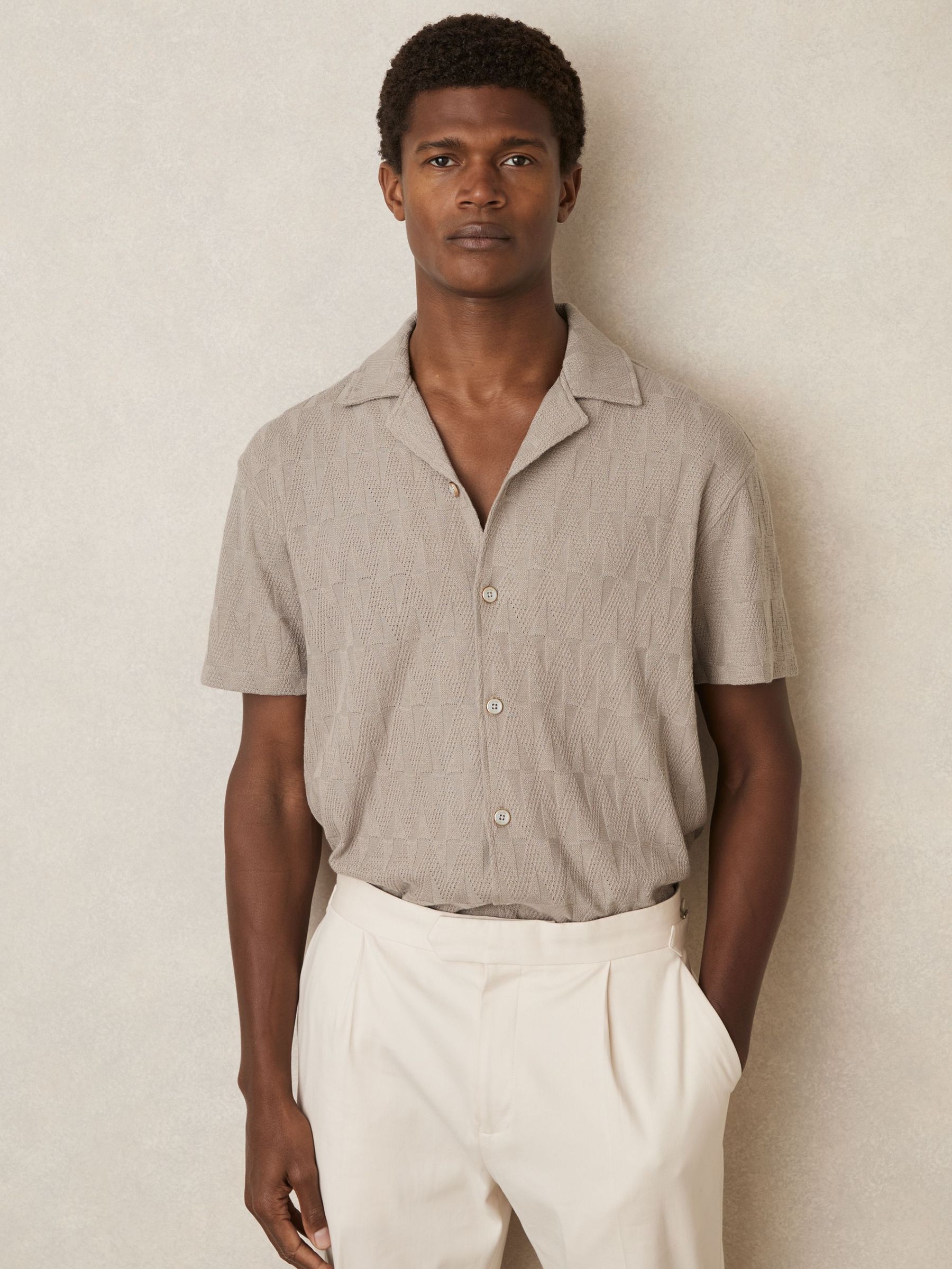 Cotton Textured Cuban-Collar Shirt in Mink Brown (AP6288) | €140