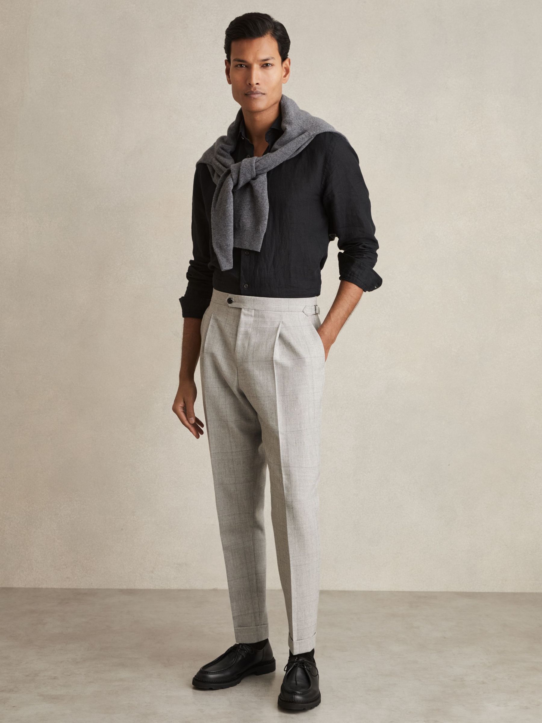 Wool-Linen Check Tapered Trousers in Soft Grey Melange (AP6304) | €225
