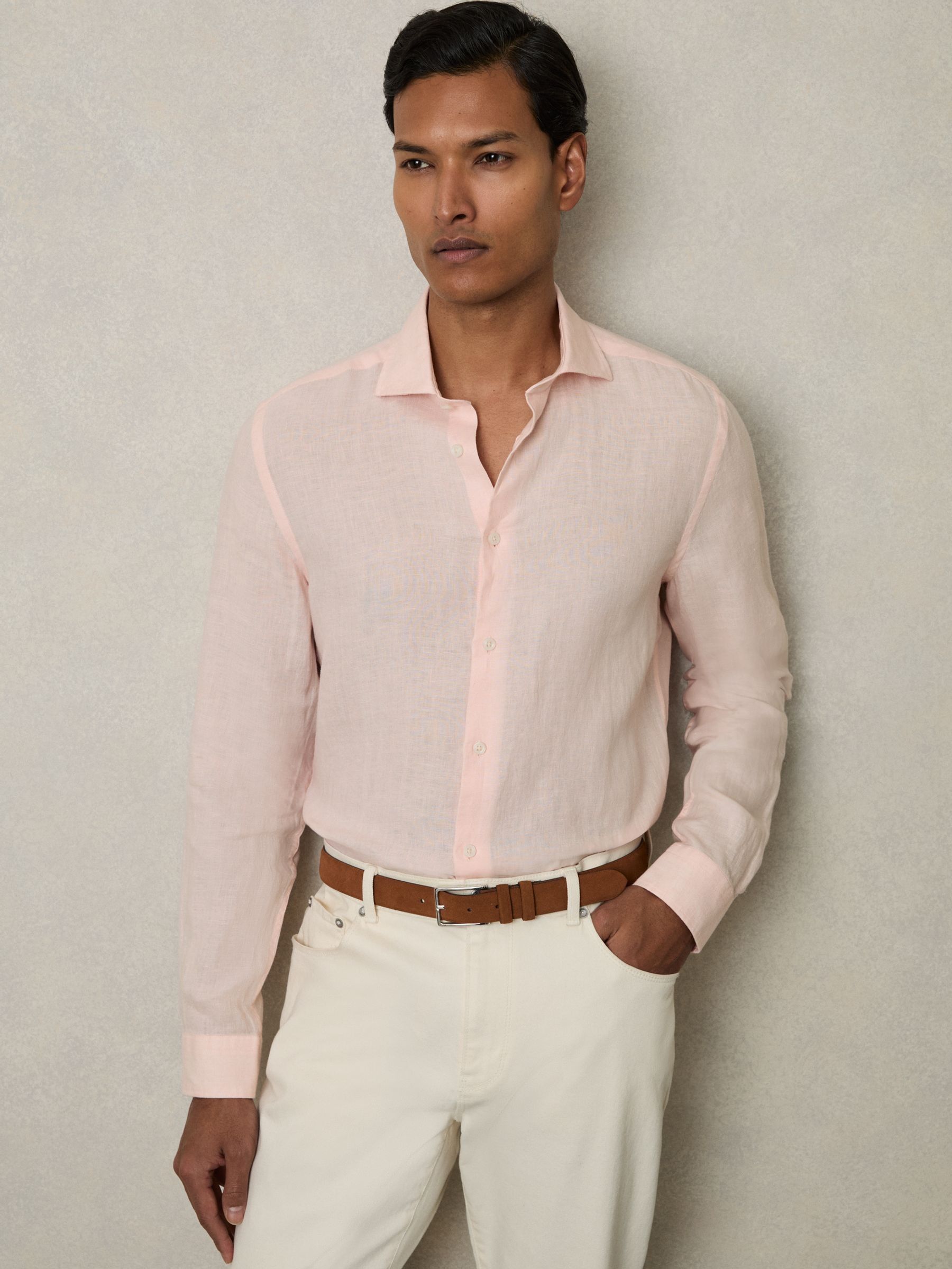 Linen Striped Cutaway-Collar Shirt in Prep Pink (AP6307) | €140