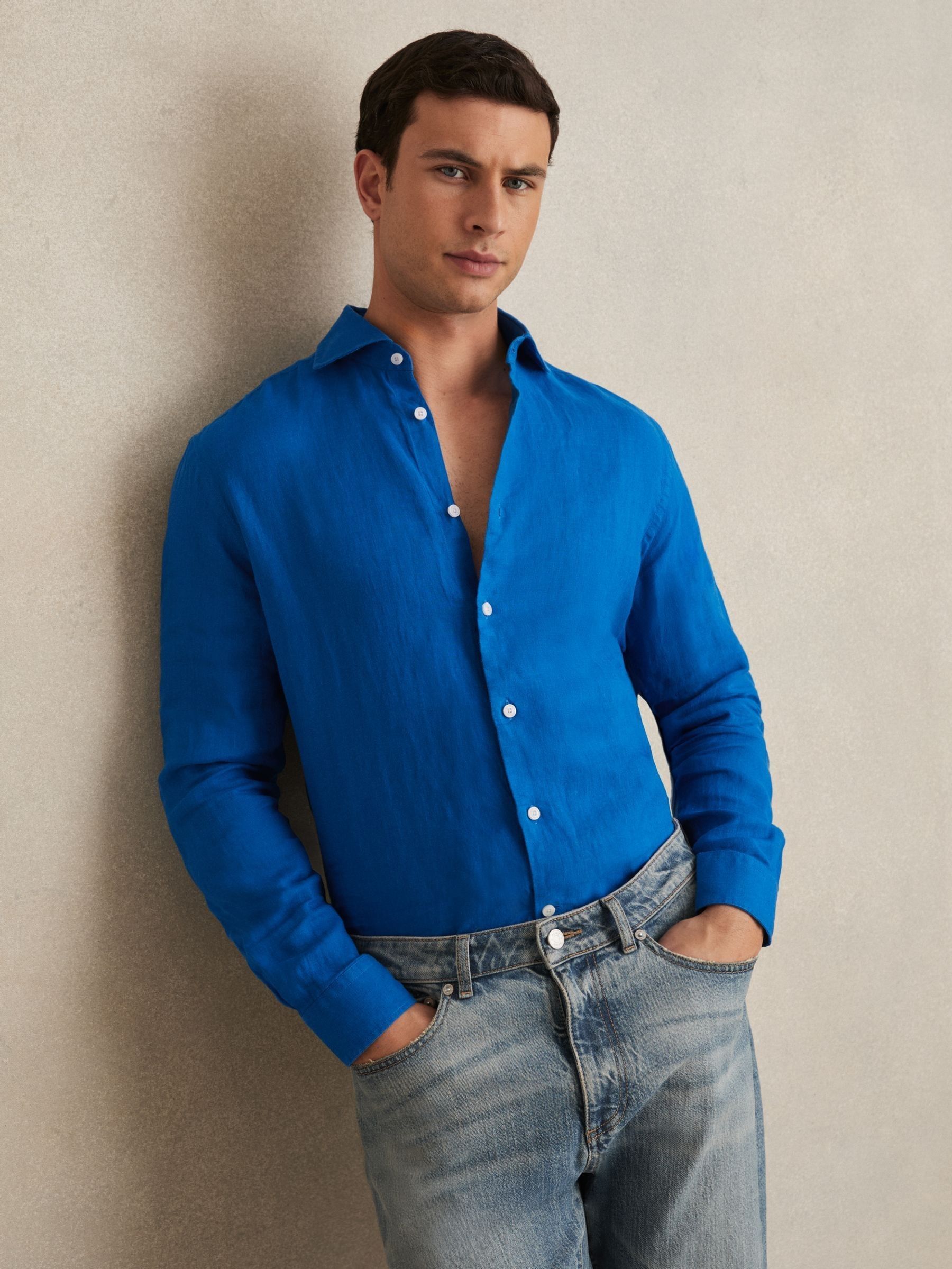 Linen Striped Cutaway-Collar Shirt in Bright Blue (AP6308) | US$160