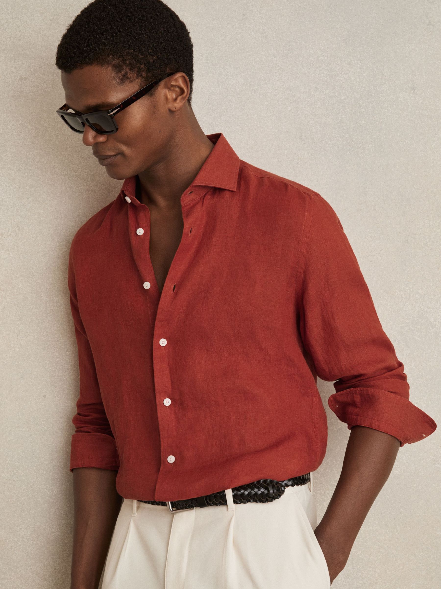 Linen Striped Cutaway-Collar Shirt in Paprika Red (AP6312) | US$160