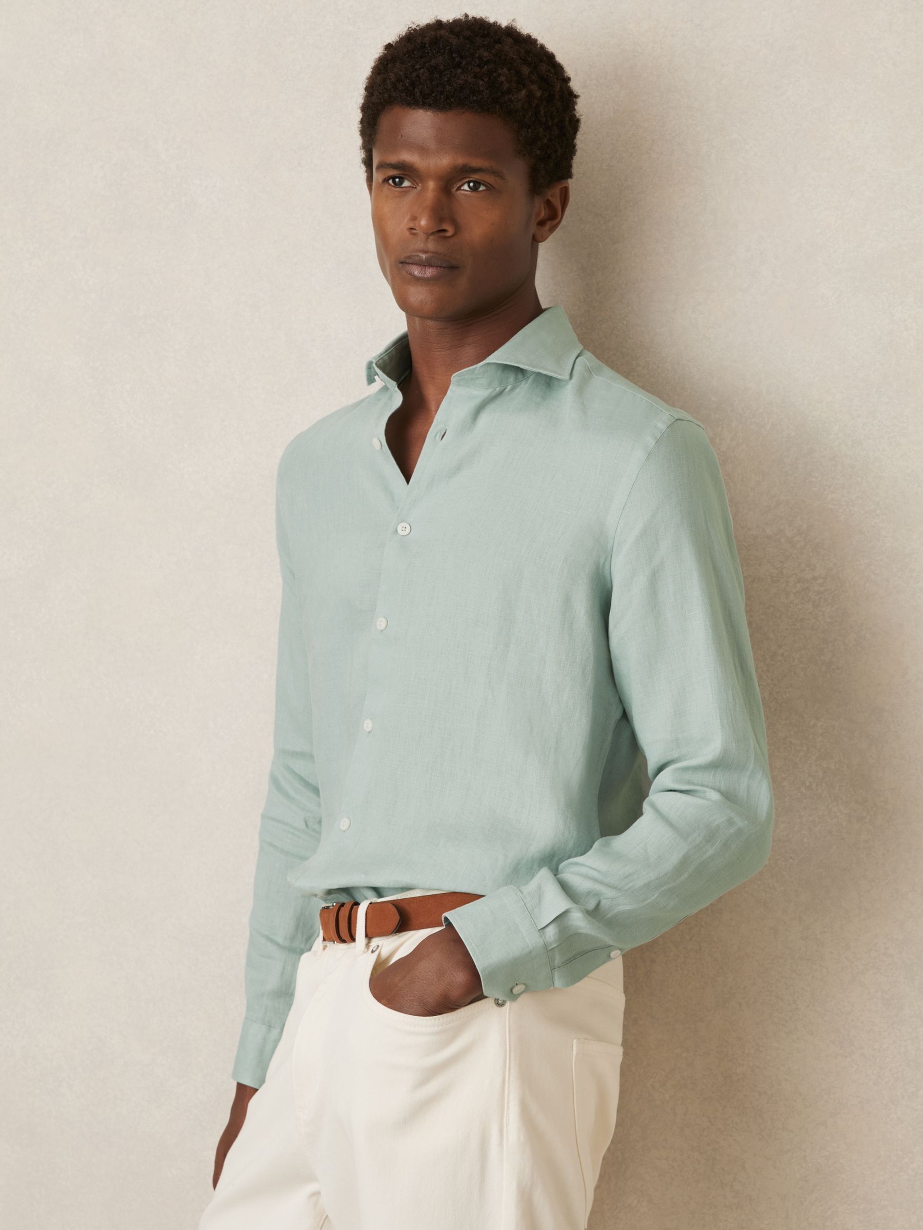 Linen Striped Cutaway-Collar Shirt in Ocean Green (AP6318) | US$160