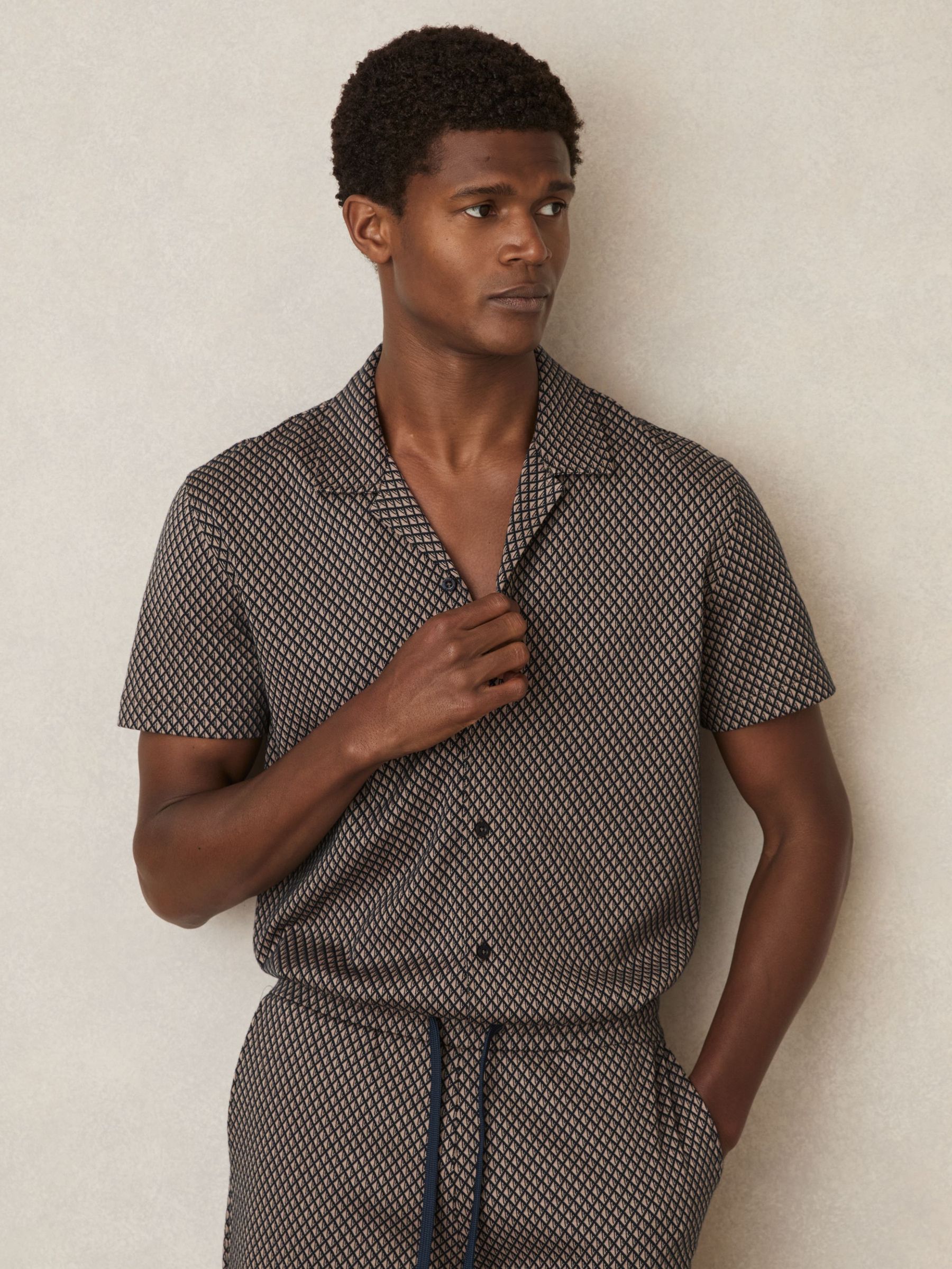 Geometric Jacquard Cuban-Collar Shirt in Tobacco Brown/Navy (AP6327) | €125