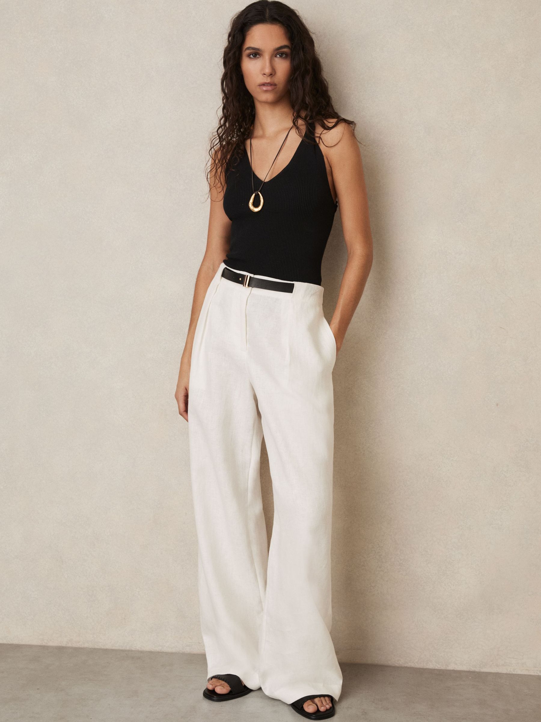 Linen Belted Wide-Leg Trousers in White (AP8469) | US$285