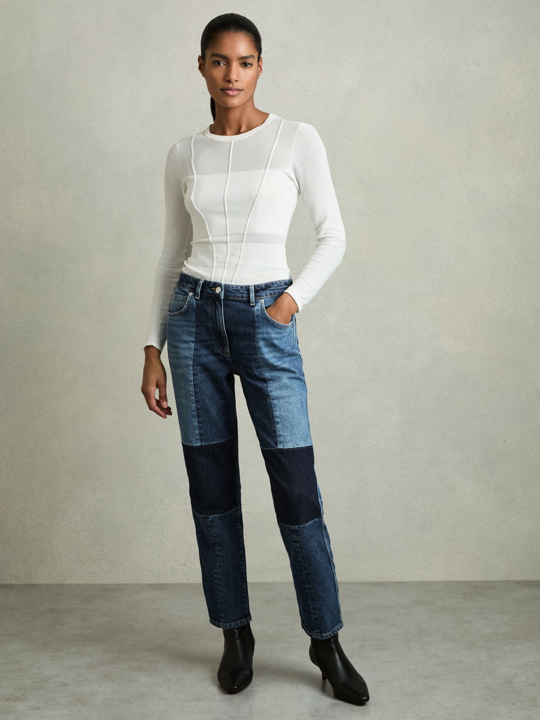 Petite Straight-Leg Patchwork Jeans in Mid Blue (AP8476) | $162