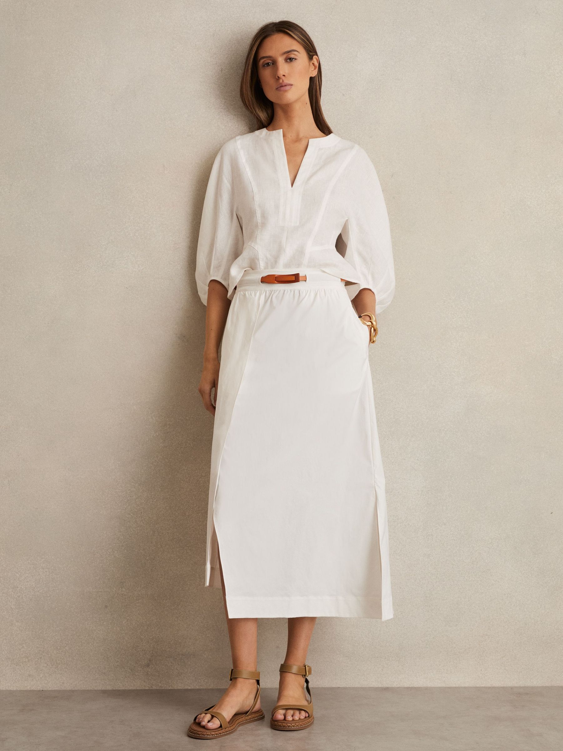 Poplin Belted Split Midi Skirt in Ivory (AP8484) | 795 SAR