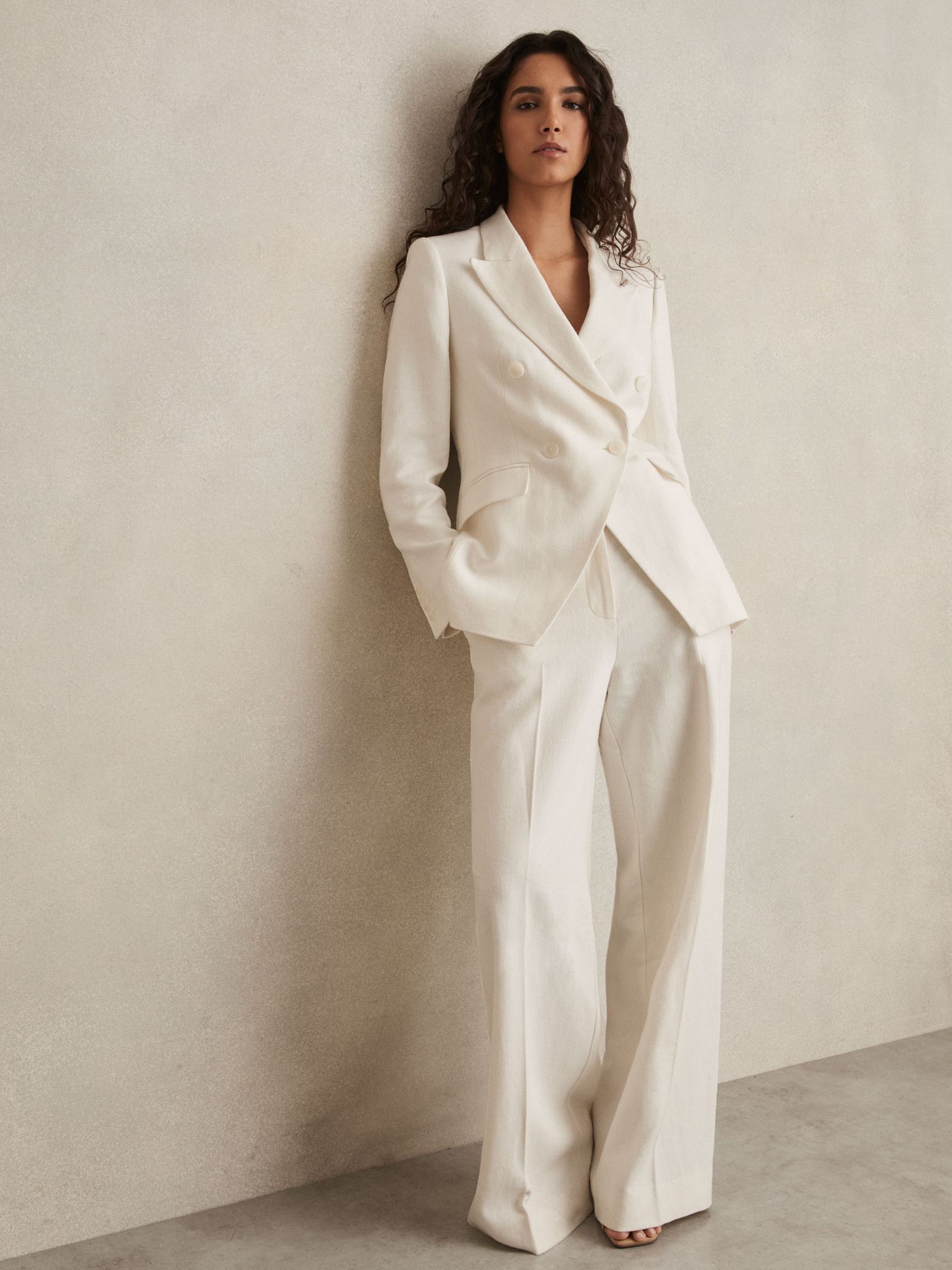 Petite Linen-Blend Double-Breasted Suit Jacket in White (AP8498) | US$510