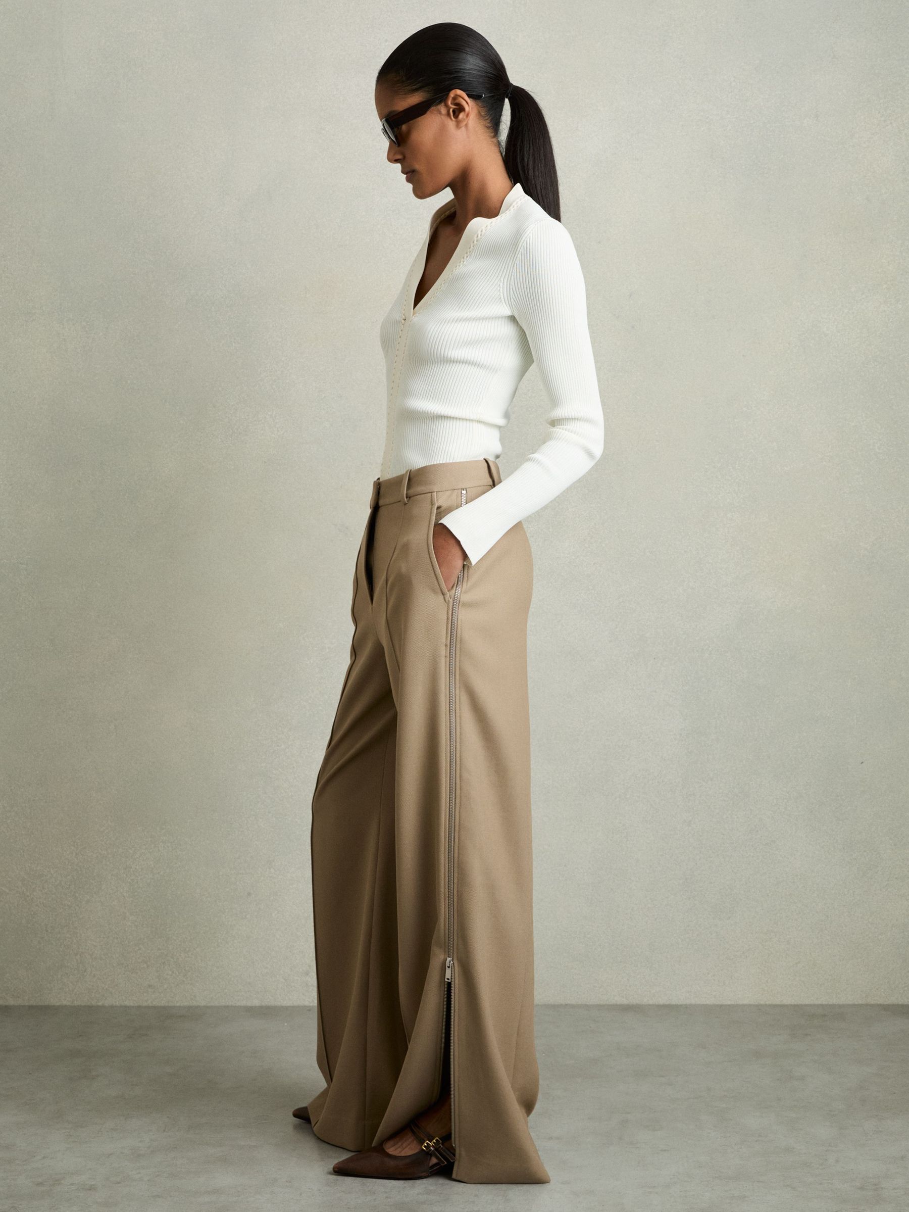 Petite Wide-Leg Side-Zip Trousers in Sage Green (AP8499) | US$330
