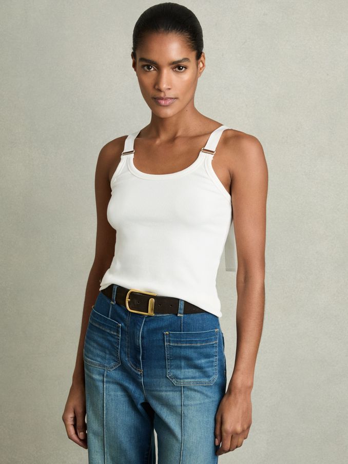 Stretch-Cotton D-Ring Strap Vest in White (AP8508) | US$65