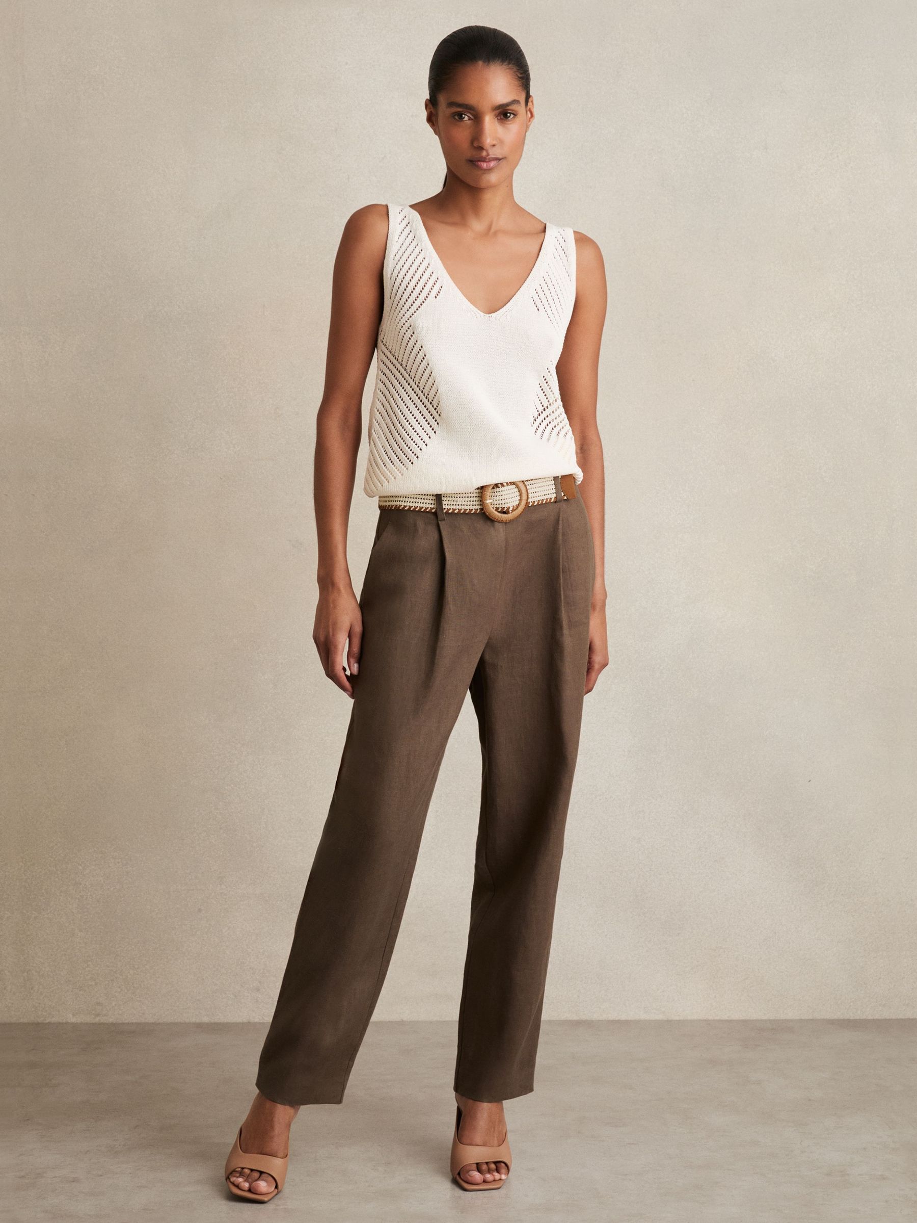 Linen Belted Tapered Trousers in Mink Neutral (AP8512) | US$225