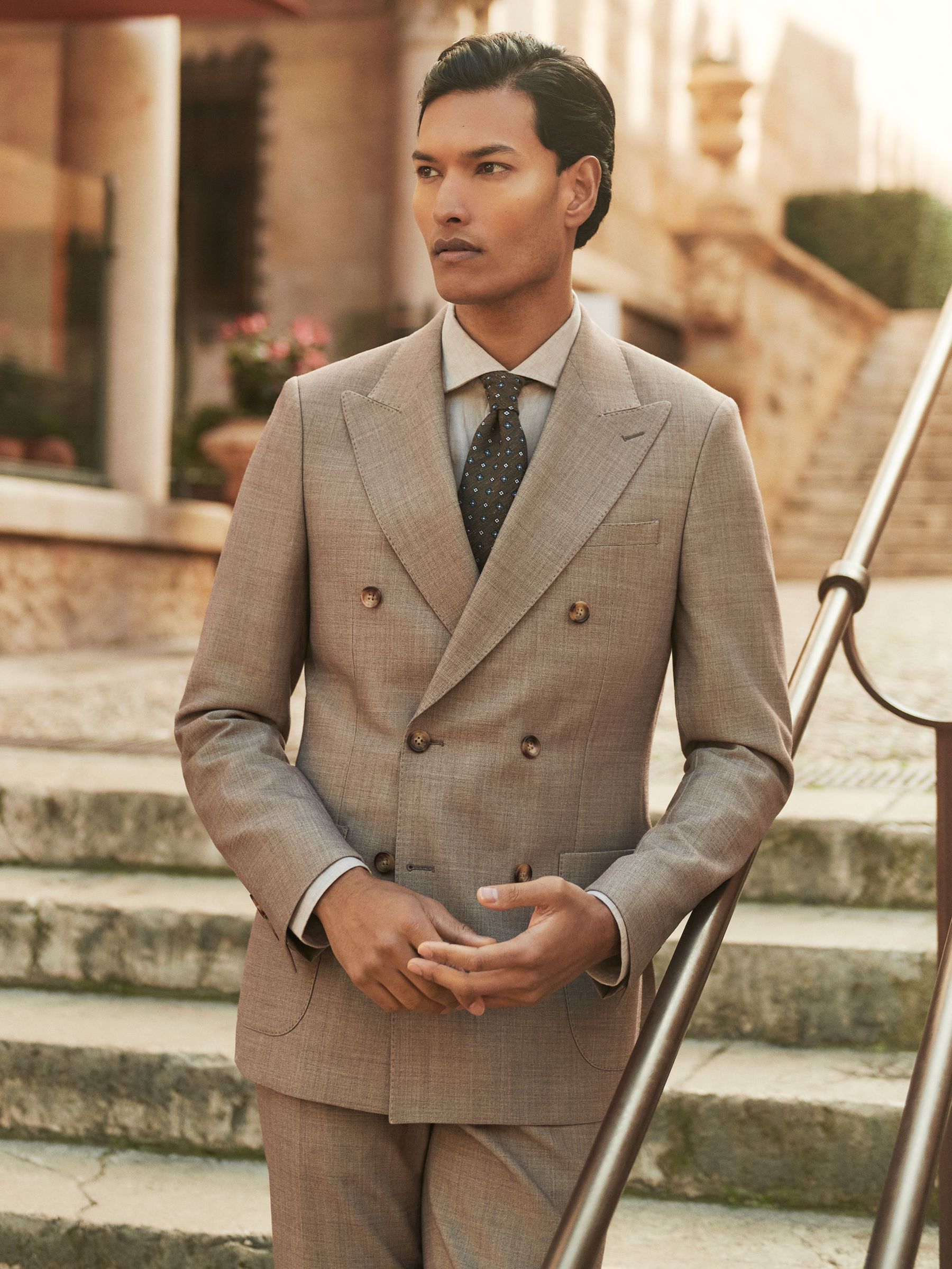 Double-Breasted Textured Suit Blazer With Wool Slim-Fit in Brown (AP8518) | US$640
